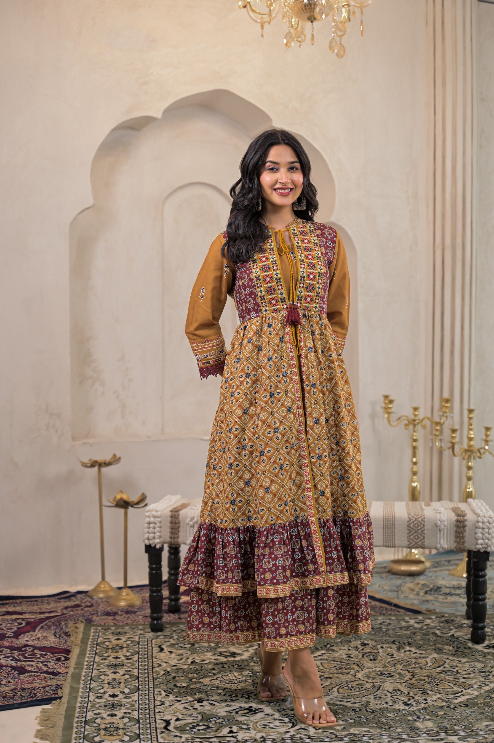 Mustard Manmade Fiber Ethnic Double Layered Flared Longdress With Inne