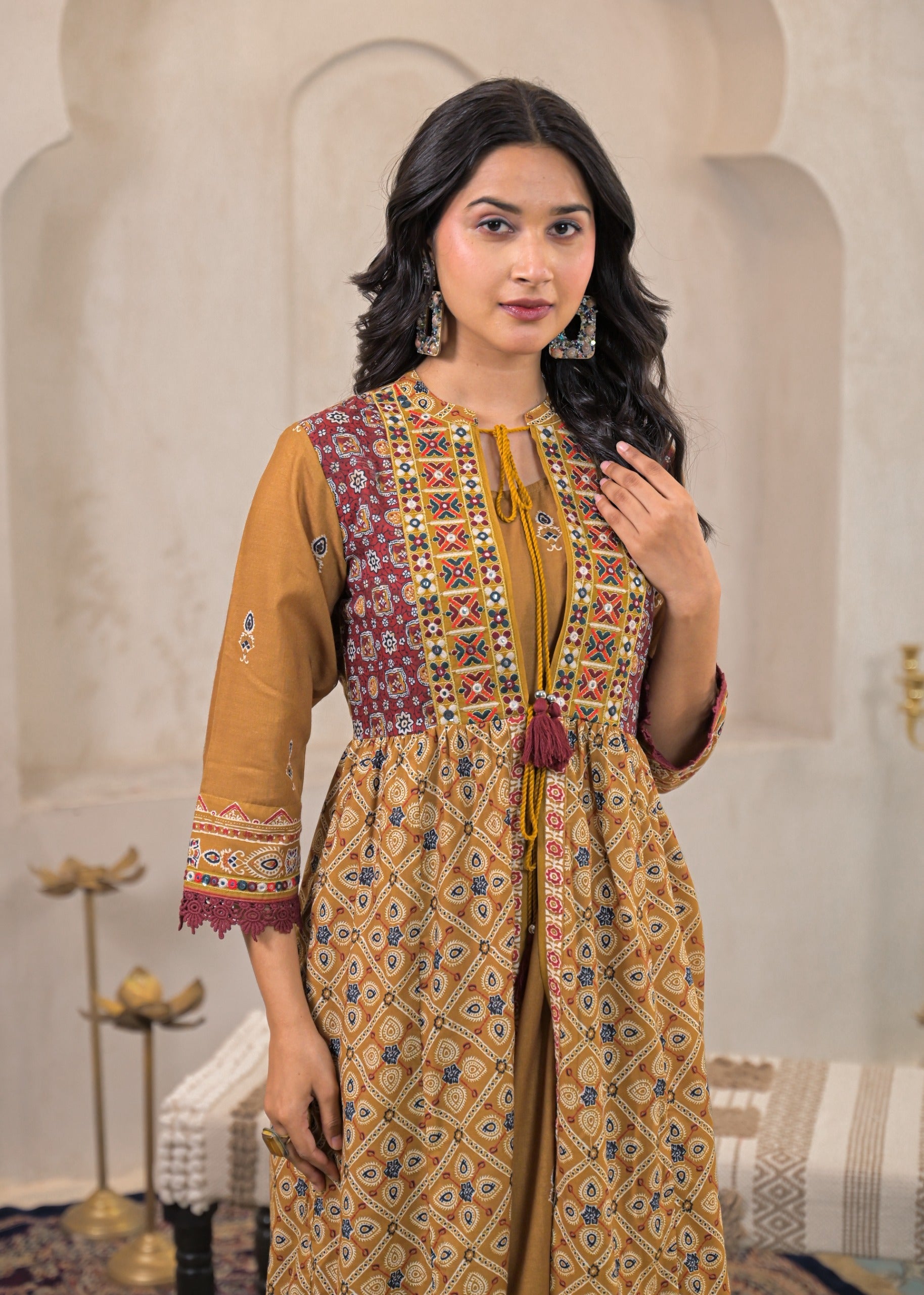Mustard Manmade Fiber Ethnic Double Layered Flared Longdress With Inne