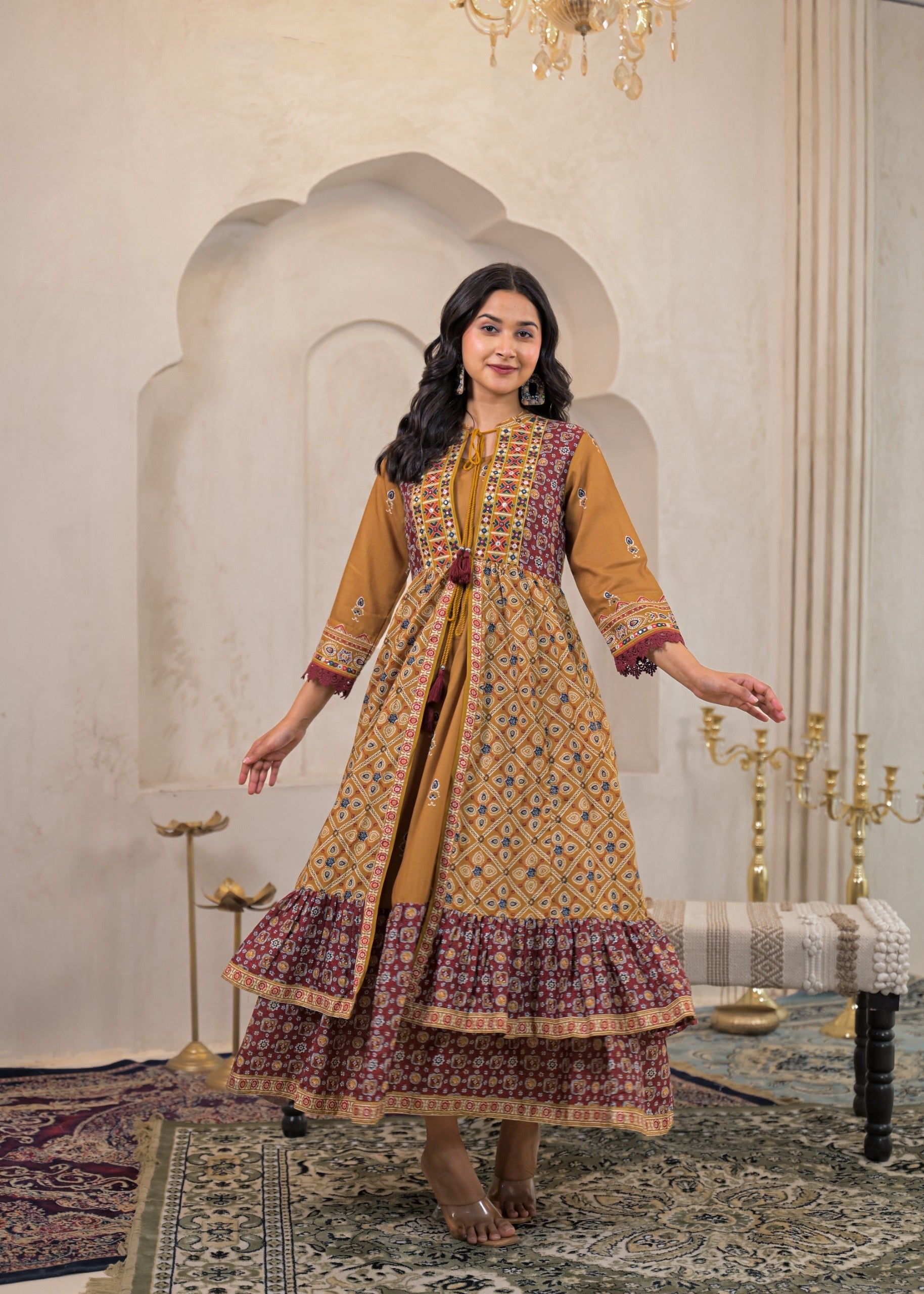 Mustard Manmade Fiber Ethnic Double Layered Flared Longdress With Inne