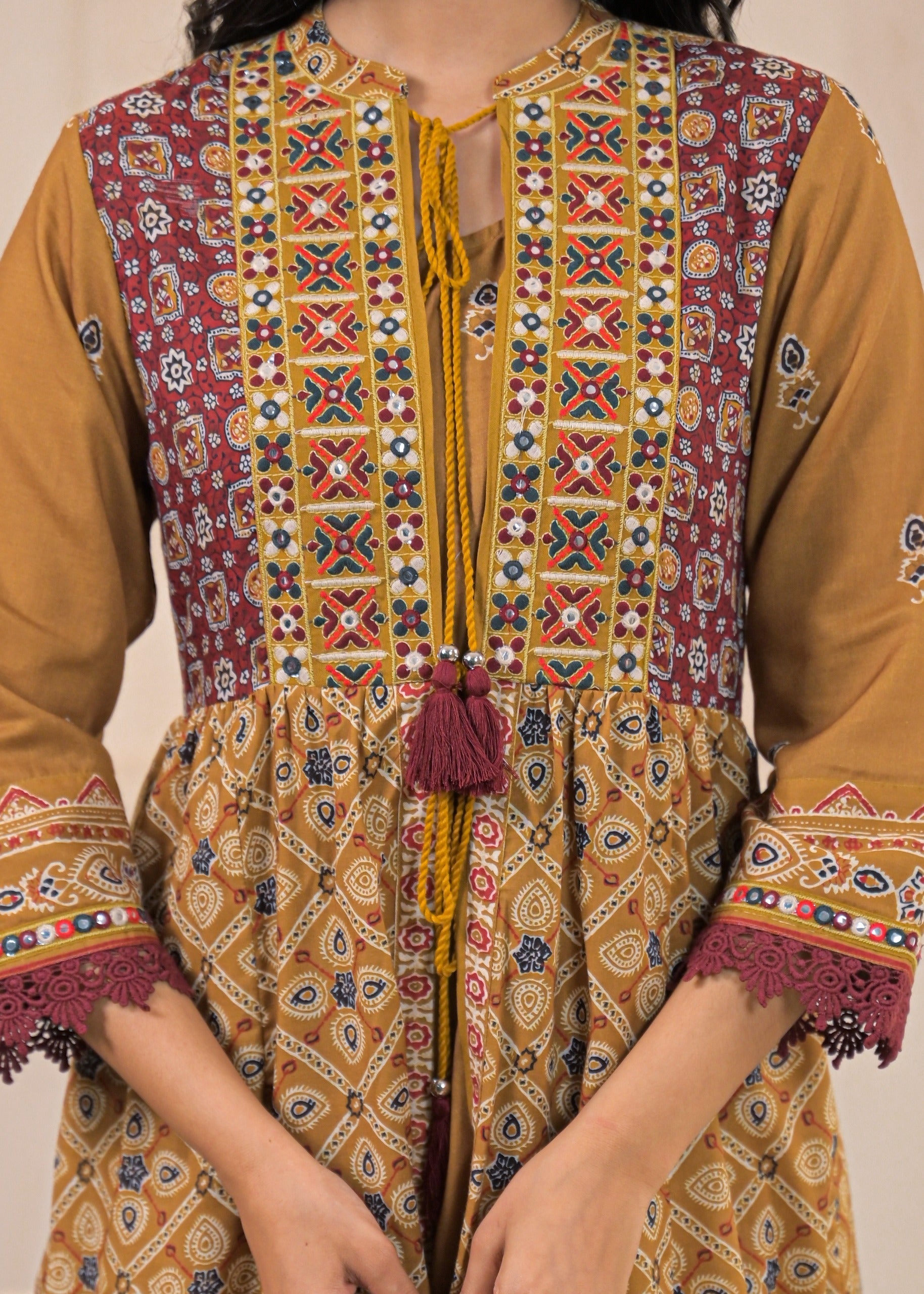 Mustard Manmade Fiber Ethnic Double Layered Flared Longdress With Inne