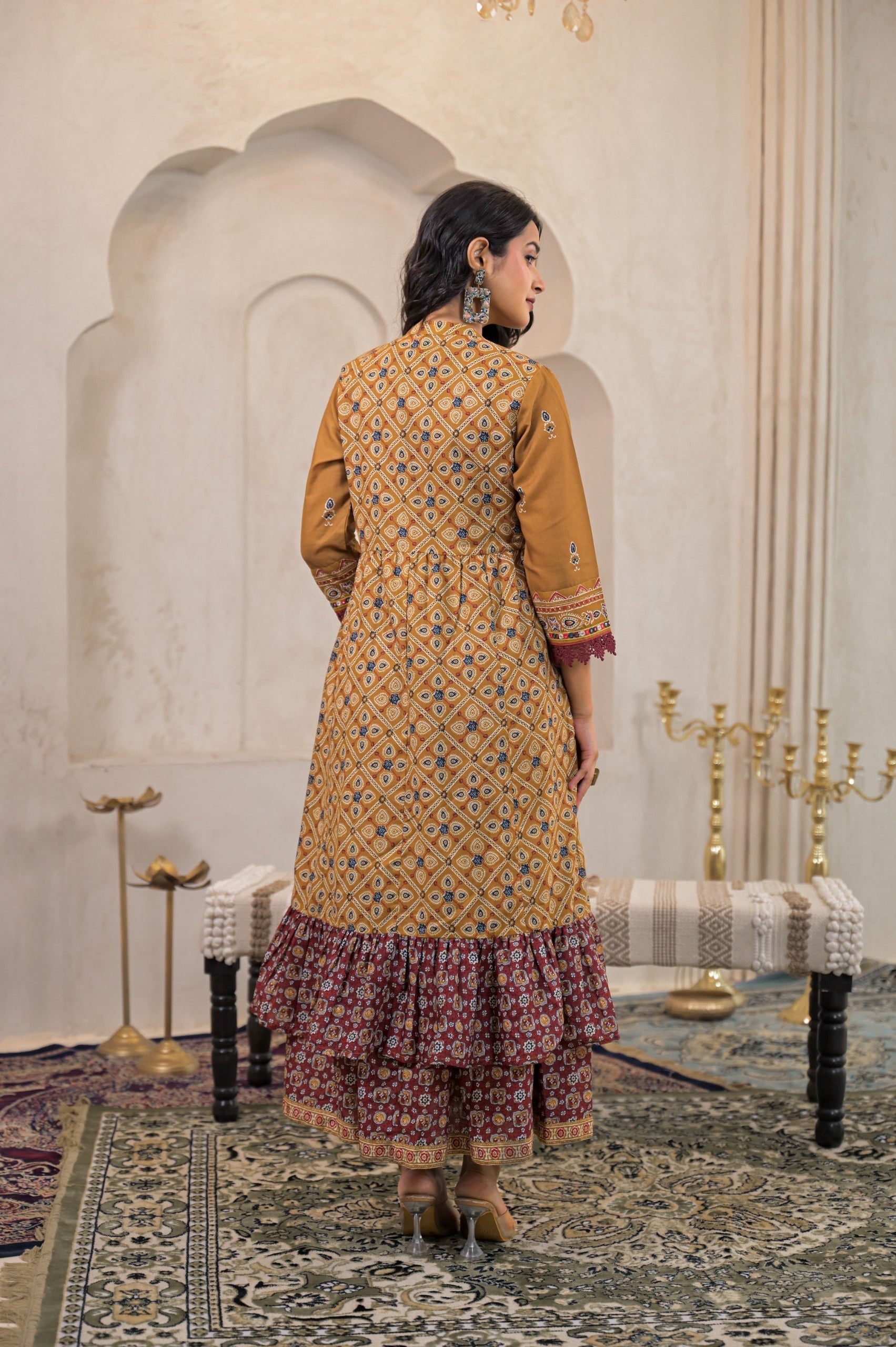 Mustard Manmade Fiber Ethnic Double Layered Flared Longdress With Inne