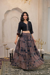 Black Mirror Work Crop Top With Printed Flared Skirt Set