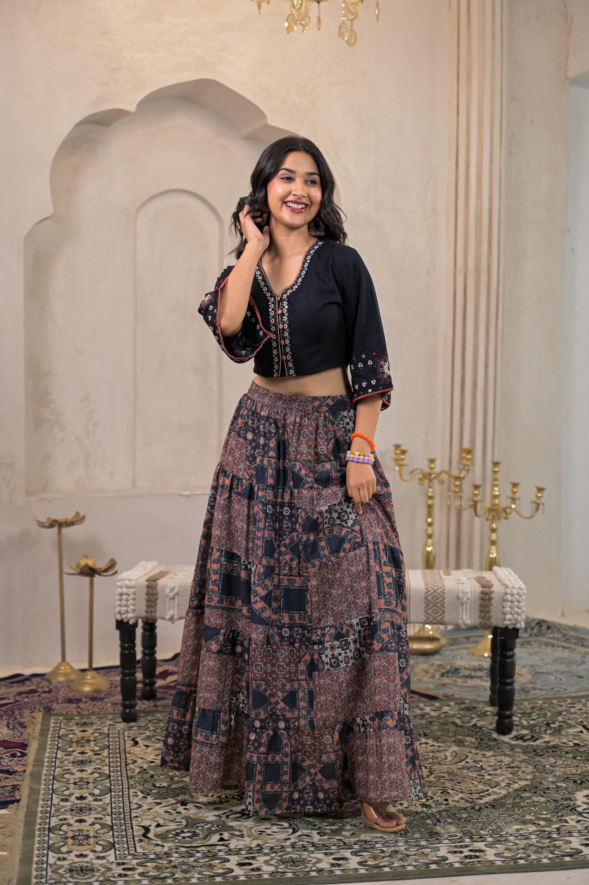 Black Mirror Work Crop Top With Printed Flared Skirt Set | DesiQlo