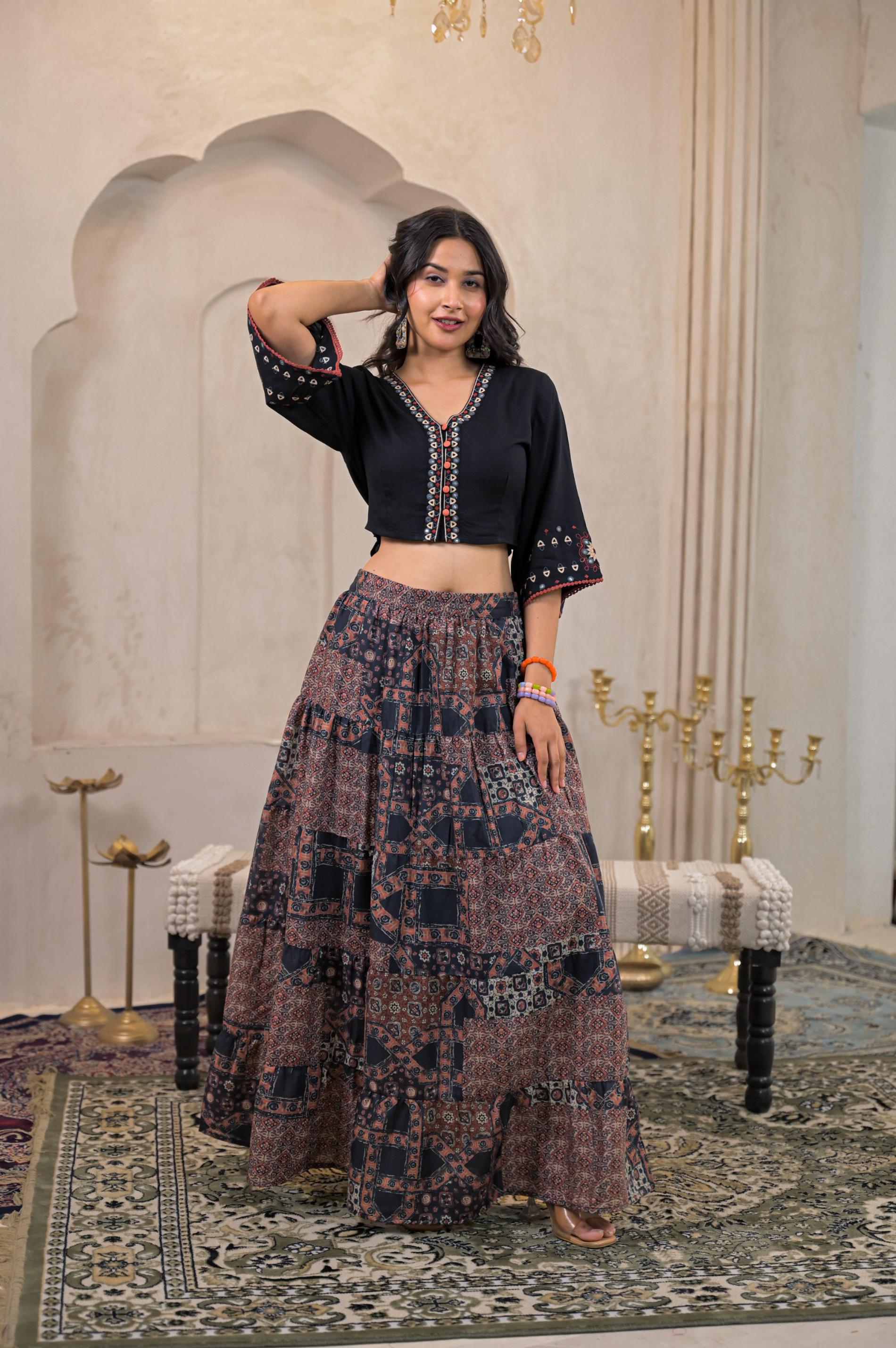 Black Mirror Work Crop Top With Printed Flared Skirt Set | DesiQlo
