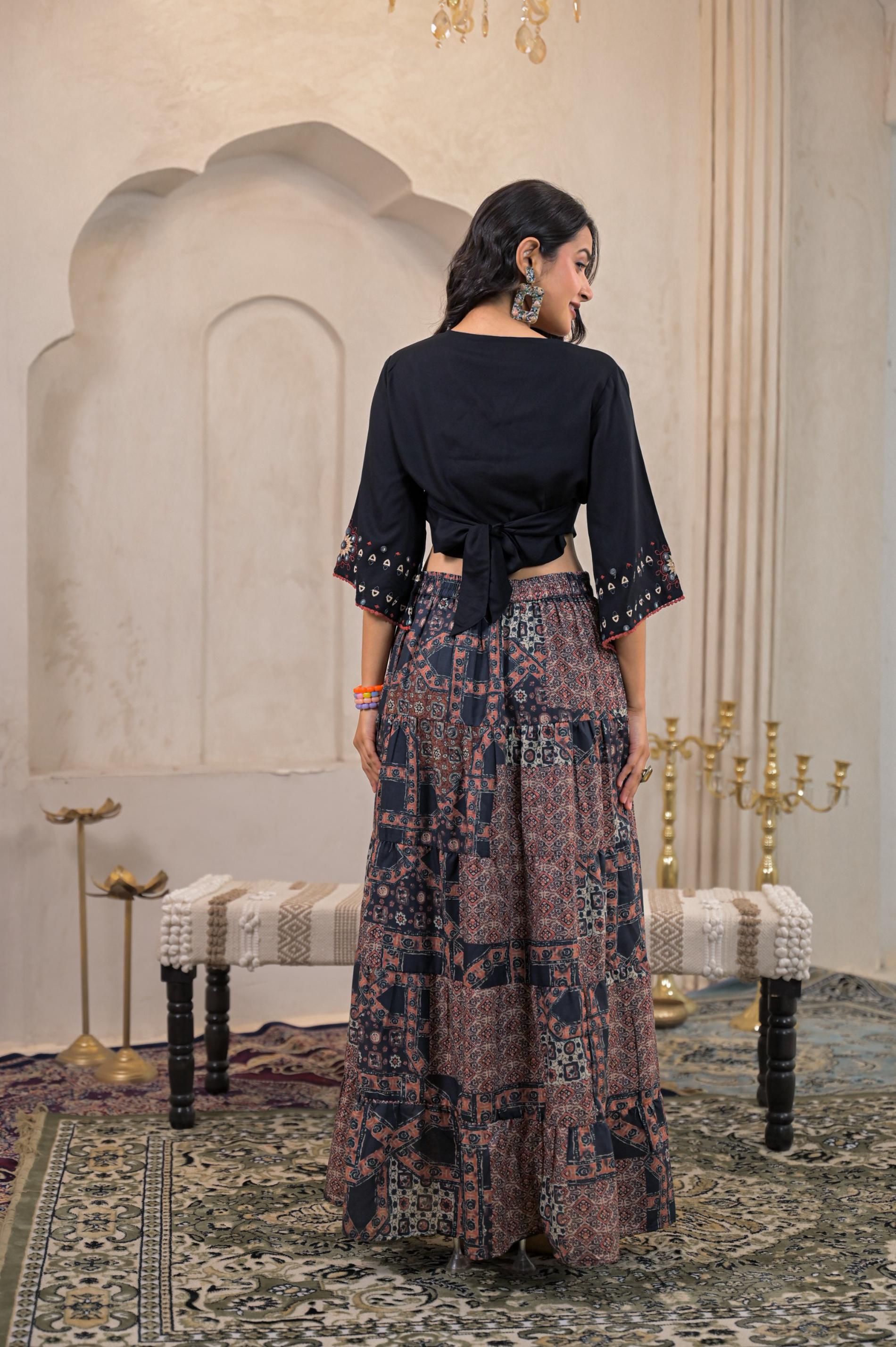 Black Mirror Work Crop Top With Printed Flared Skirt Set | DesiQlo