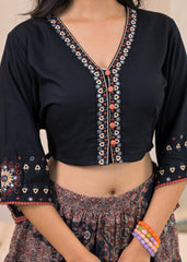 Black Mirror Work Crop Top With Printed Flared Skirt Set