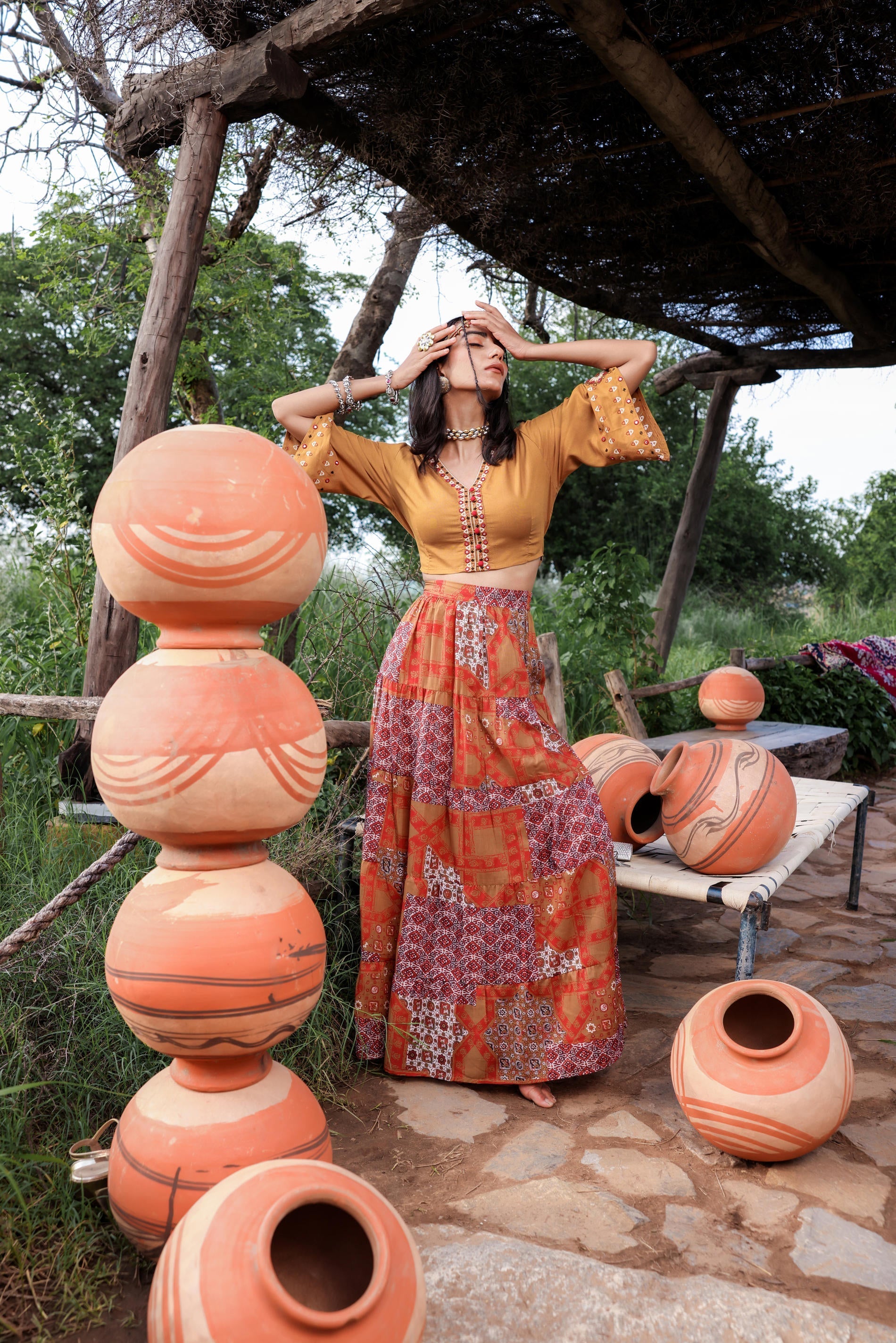 Mustard Floral Embroidered Co-ord Set with Mirror & Thread Work | Desi