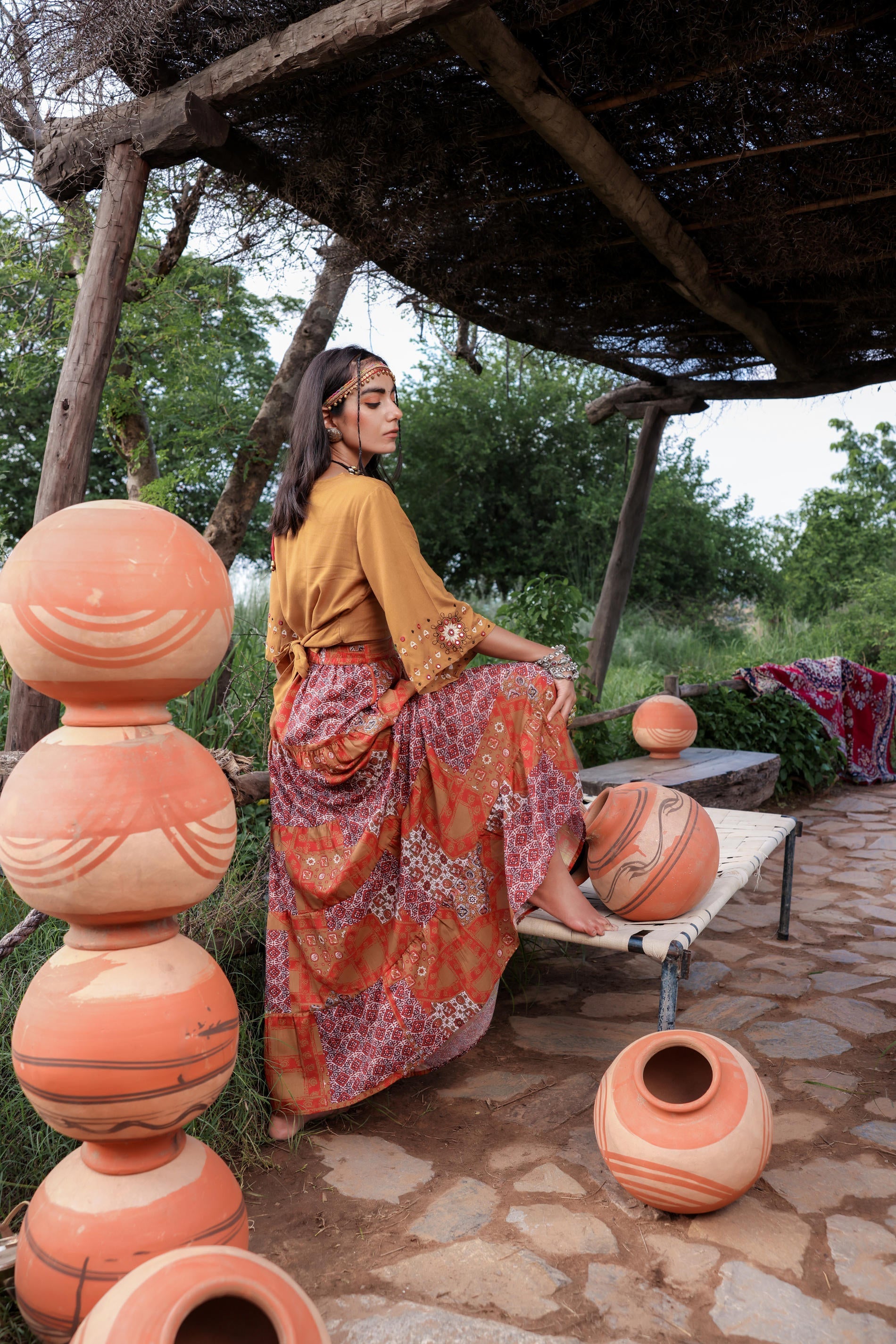 Mustard Floral Embroidered Co-ord Set with Mirror & Thread Work | Desi