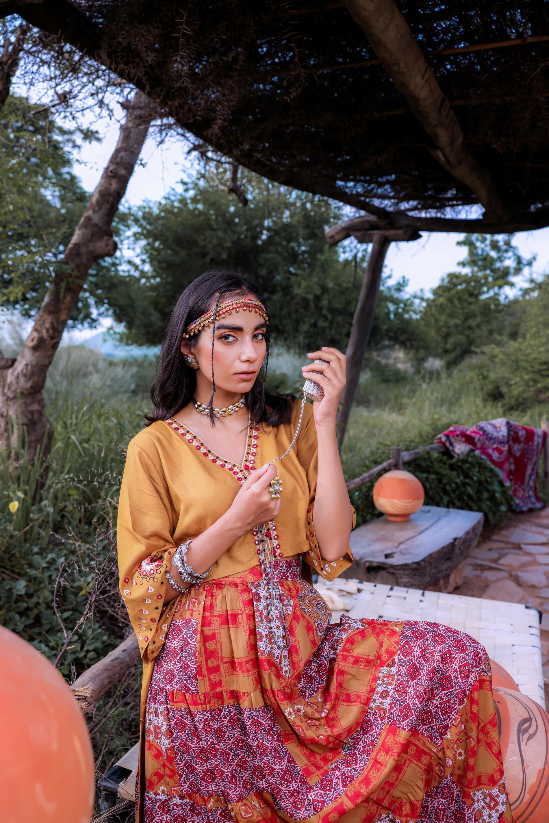 Mustard Floral Embroidered Co-ord Set with Mirror & Thread Work | Desi