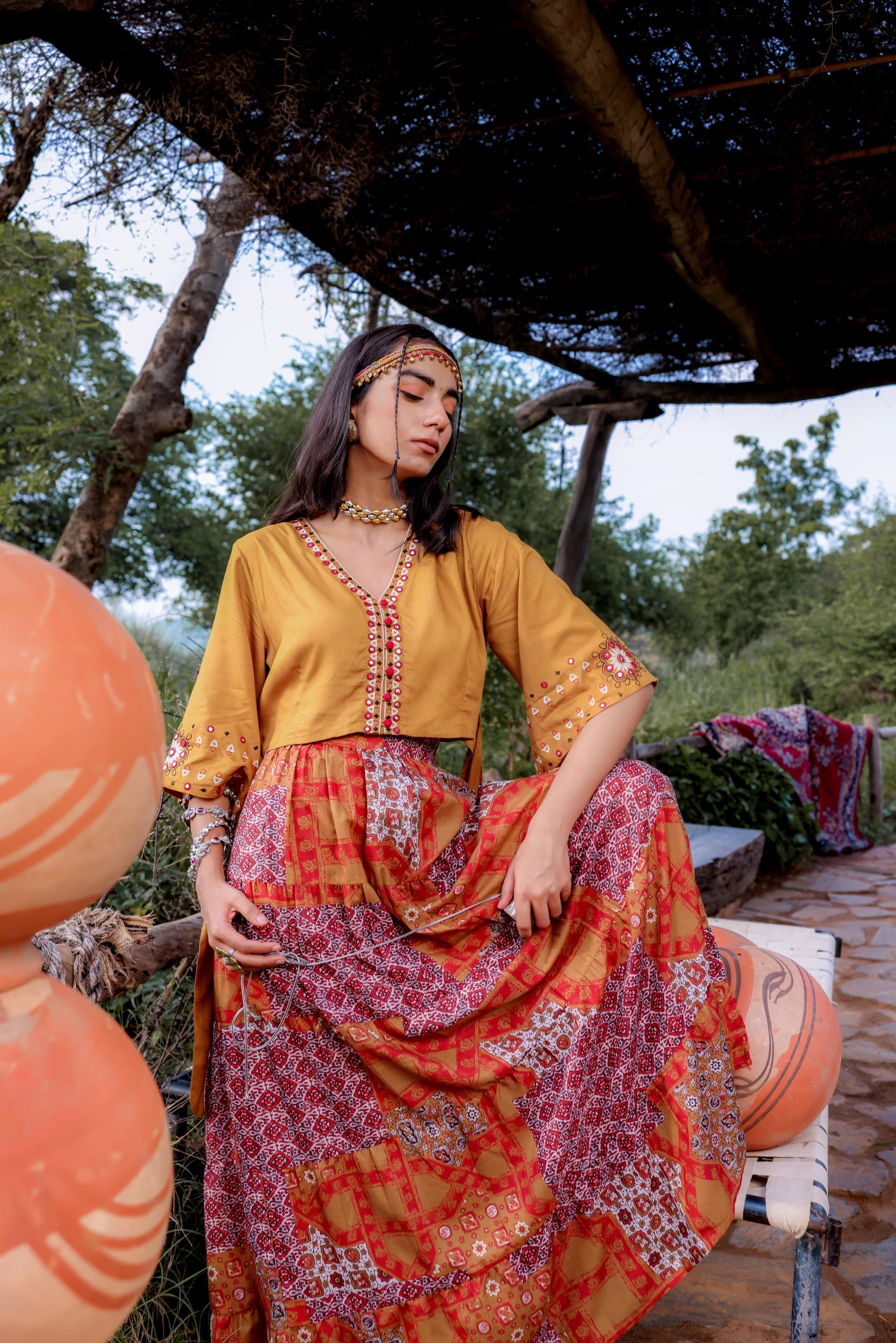 Mustard Floral Embroidered Co-ord Set with Mirror & Thread Work | Desi