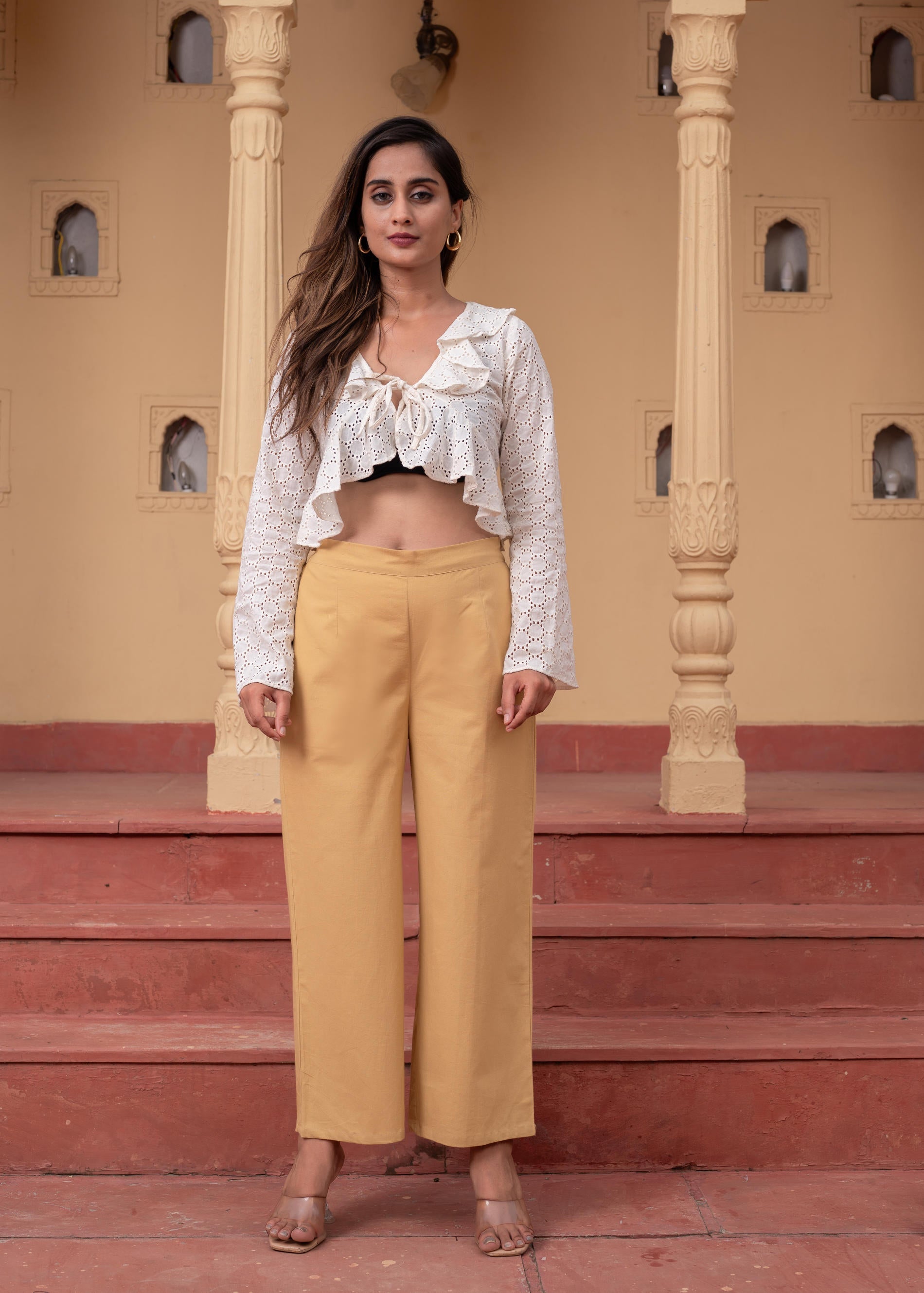 Women's Beige Solid Straight Cotton Pant with Pocket | DesiQlo