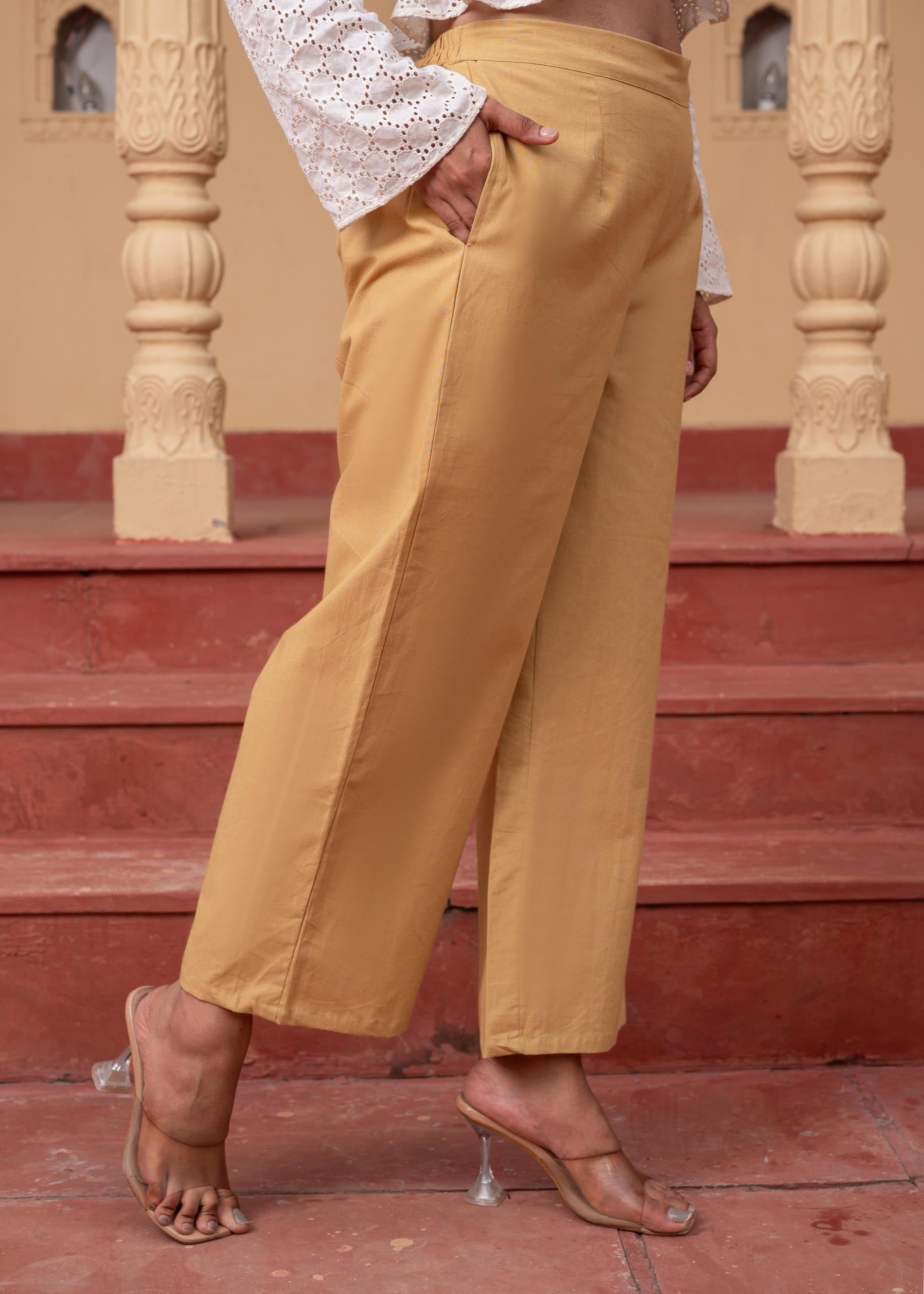 Women's Beige Solid Straight Cotton Pant with Pocket | DesiQlo