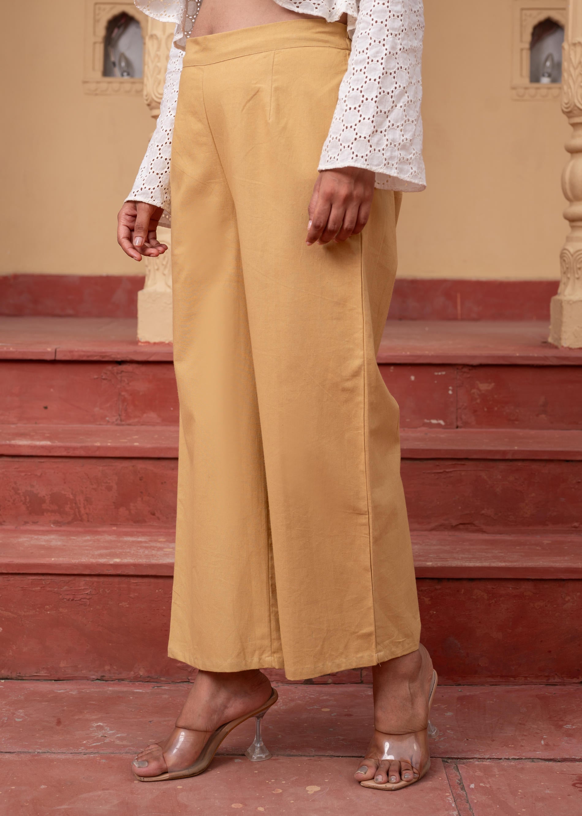 Women's Beige Solid Straight Cotton Pant with Pocket | DesiQlo