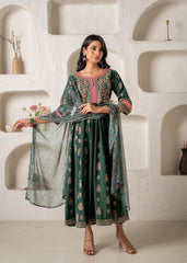 Jade Green Ethnic Motif Embroidered Fit & Flared Kurta Dupatta Set with Zari & Mirror Work