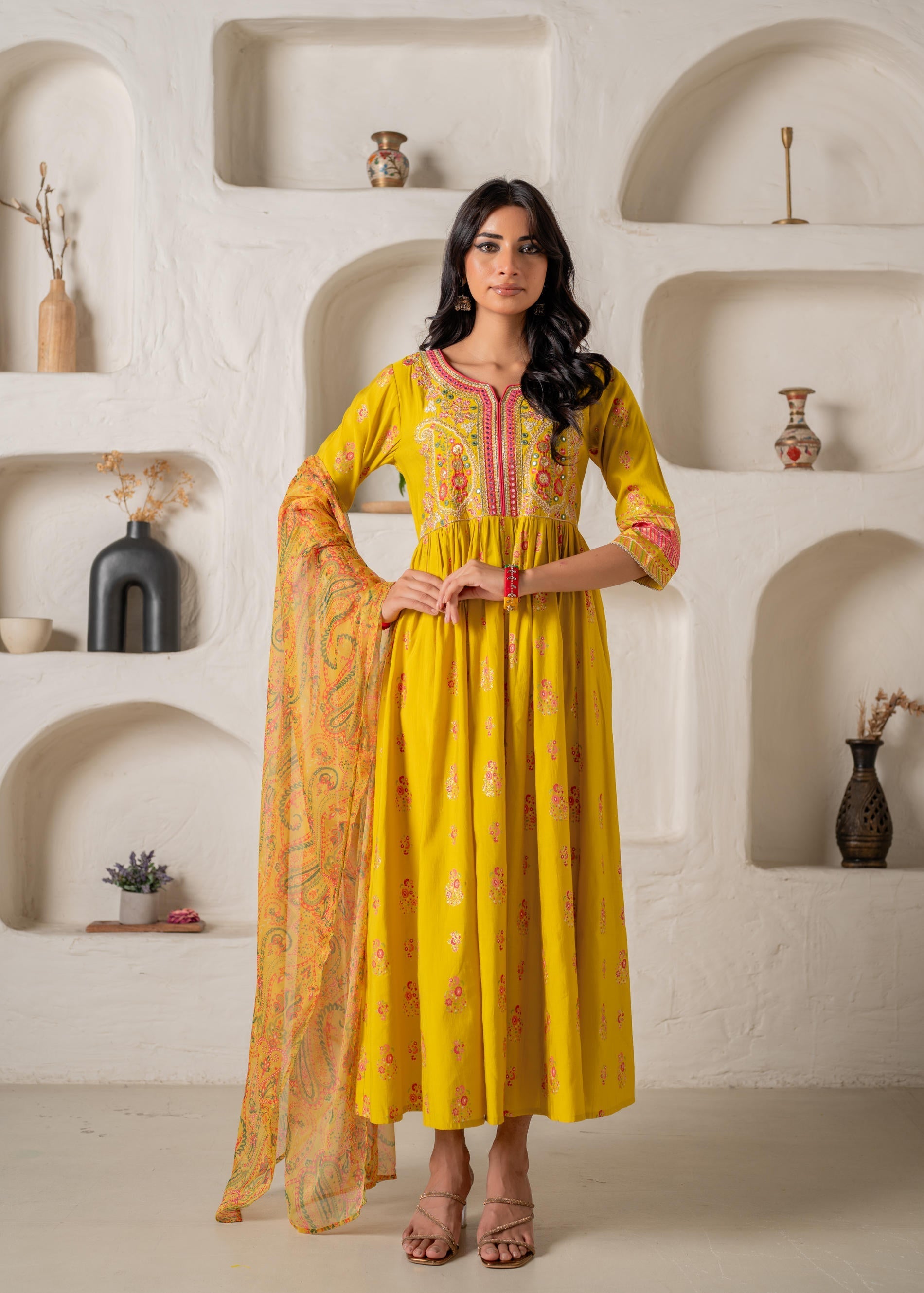 Mustard Yellow Embroidered Anarkali Kurta With Printed Dupatta | DesiQ