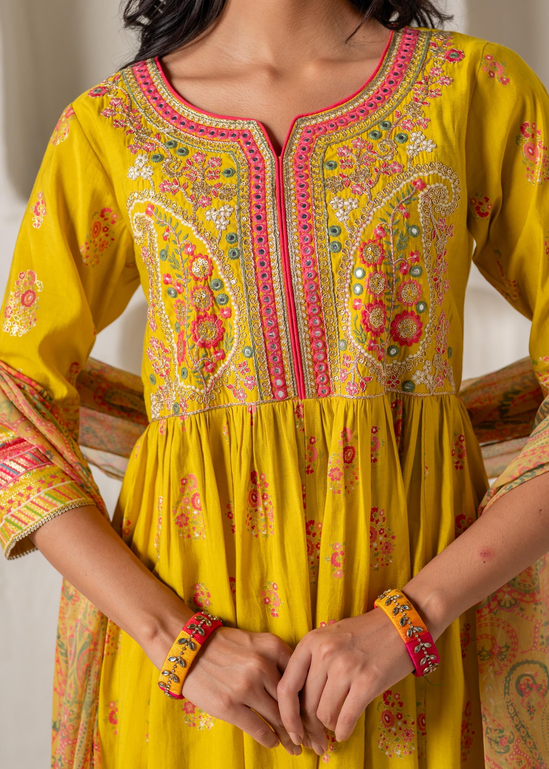 Mustard Yellow Embroidered Anarkali Kurta With Printed Dupatta | DesiQ