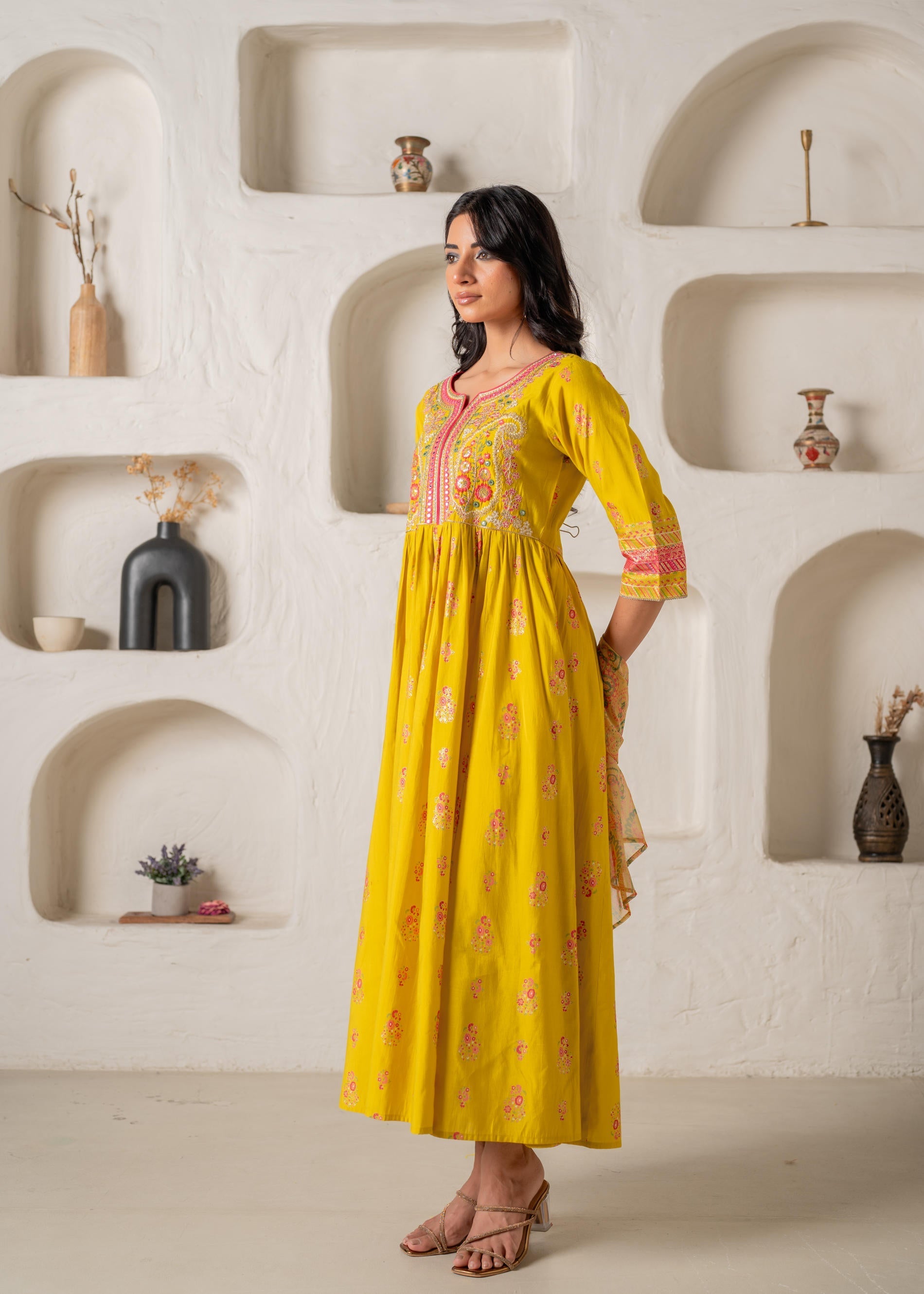 Mustard Yellow Embroidered Anarkali Kurta With Printed Dupatta | DesiQ