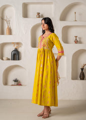 Mustard Yellow Embroidered Anarkali Kurta With Printed Dupatta