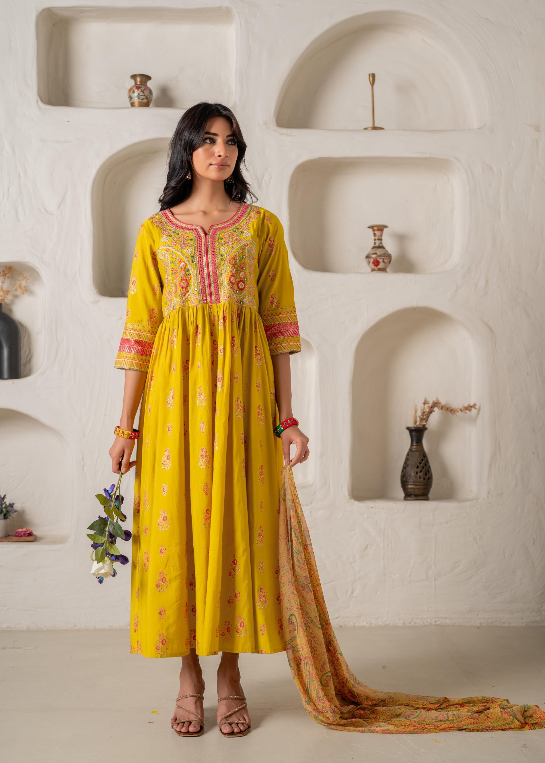 Mustard Yellow Embroidered Anarkali Kurta With Printed Dupatta | DesiQ