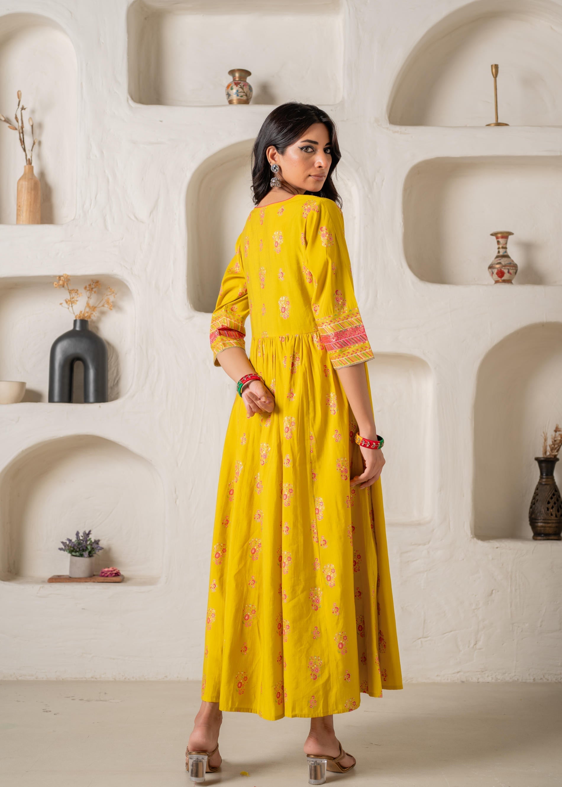 Mustard Yellow Embroidered Anarkali Kurta With Printed Dupatta | DesiQ
