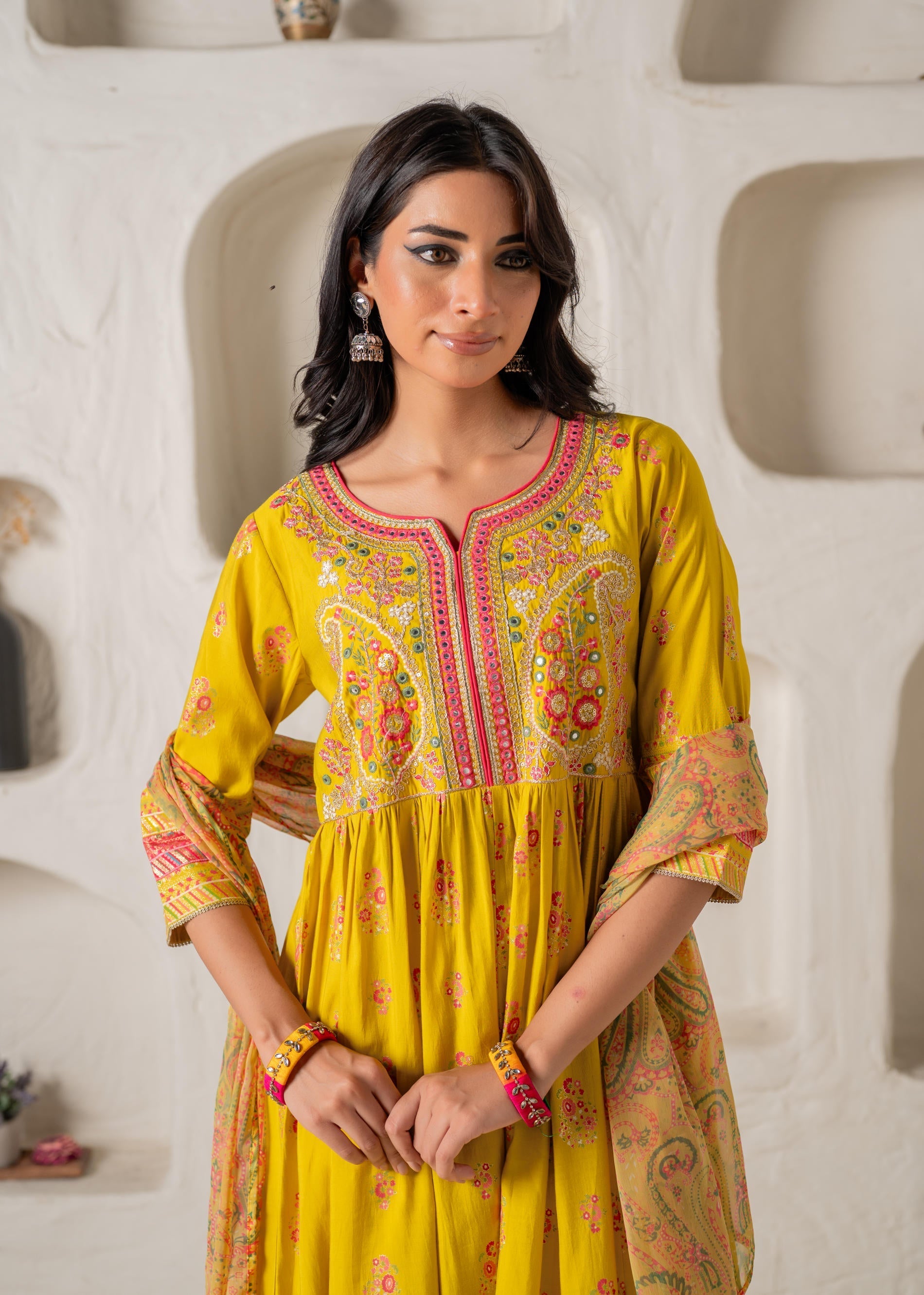 Mustard Yellow Embroidered Anarkali Kurta With Printed Dupatta | DesiQ