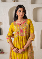 Mustard Yellow Embroidered Anarkali Kurta With Printed Dupatta
