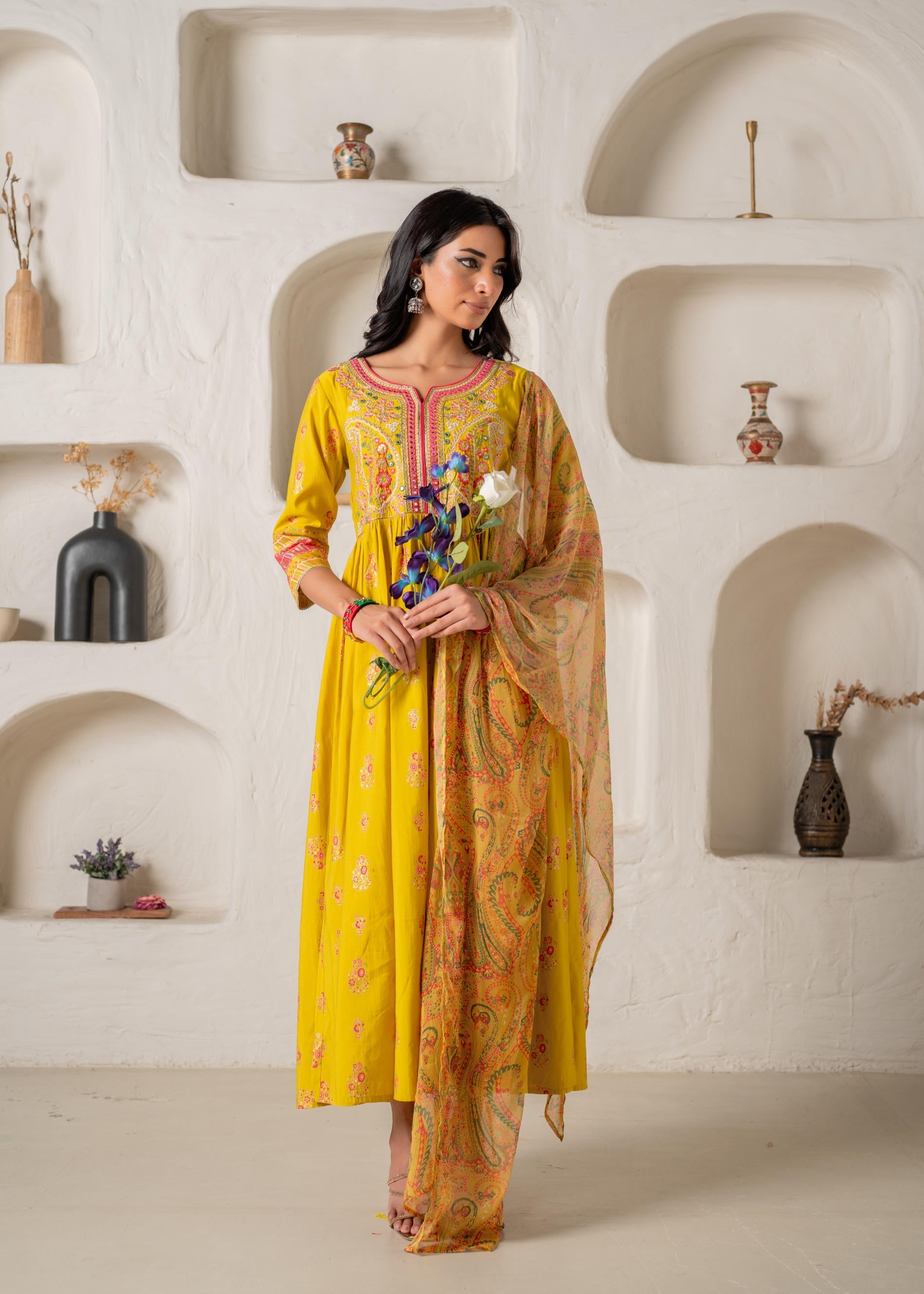 Mustard Yellow Embroidered Anarkali Kurta With Printed Dupatta | DesiQ