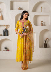 Mustard Yellow Embroidered Anarkali Kurta With Printed Dupatta
