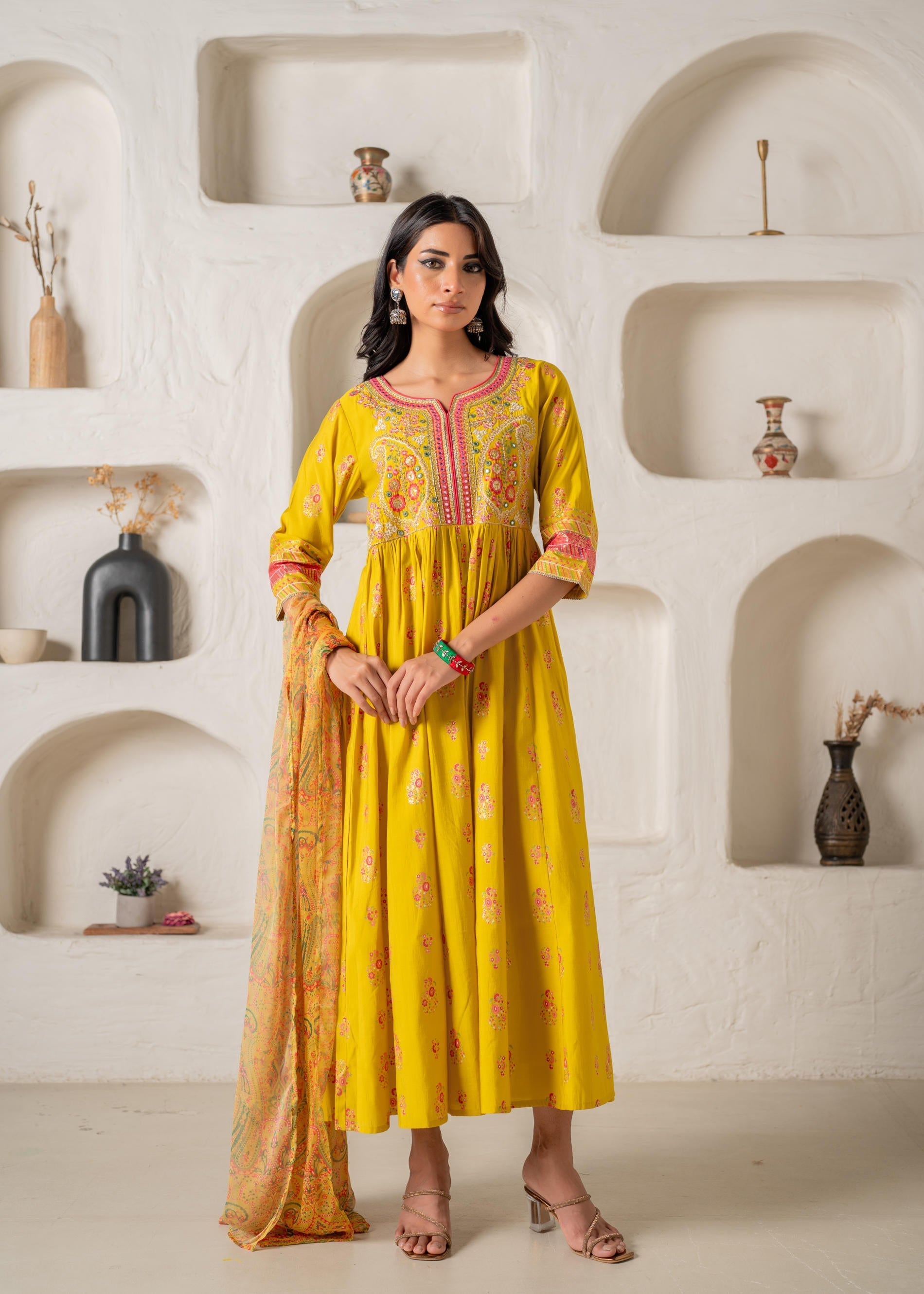 Mustard Yellow Embroidered Anarkali Kurta With Printed Dupatta | DesiQ