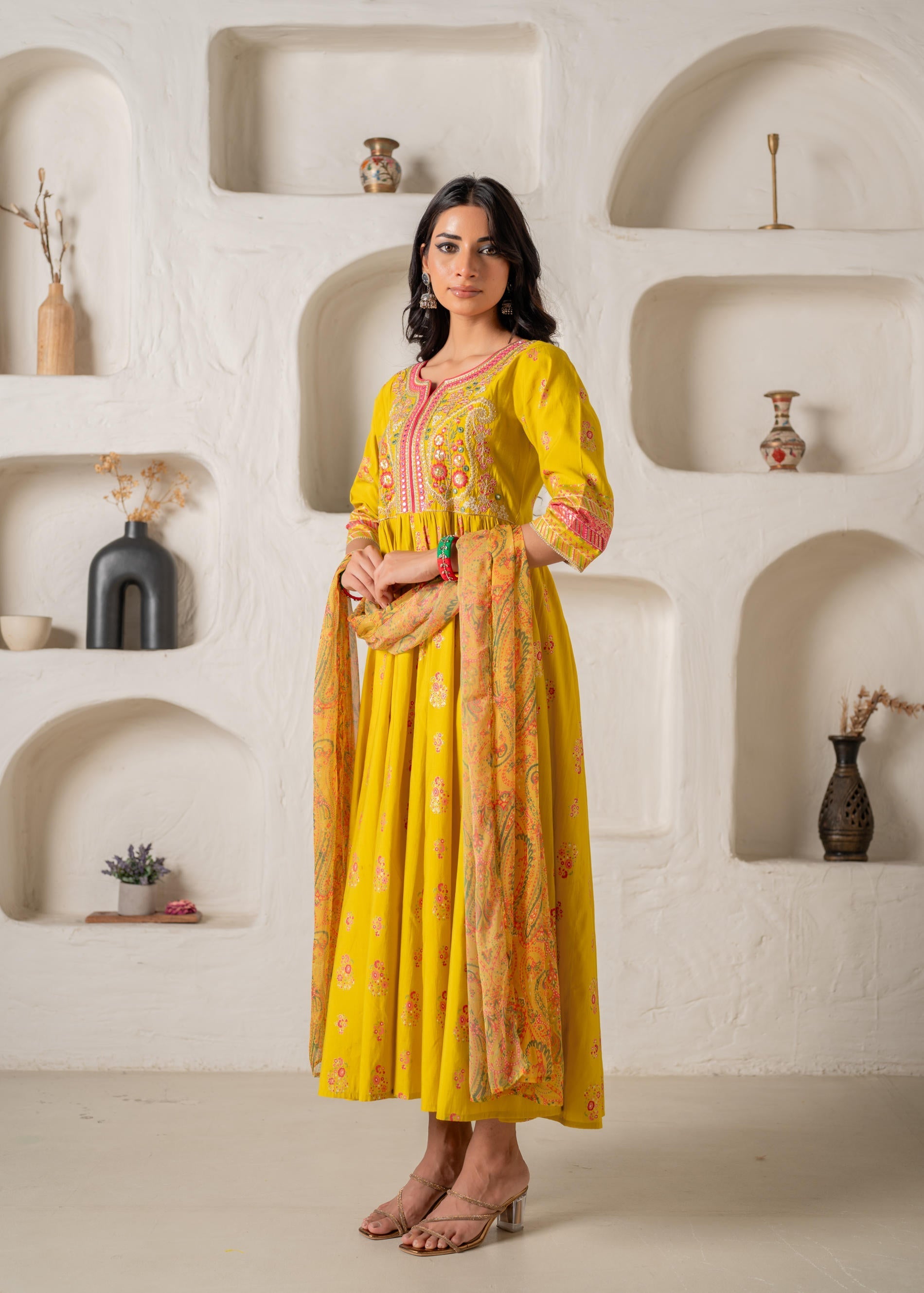 Mustard Yellow Embroidered Anarkali Kurta With Printed Dupatta | DesiQ