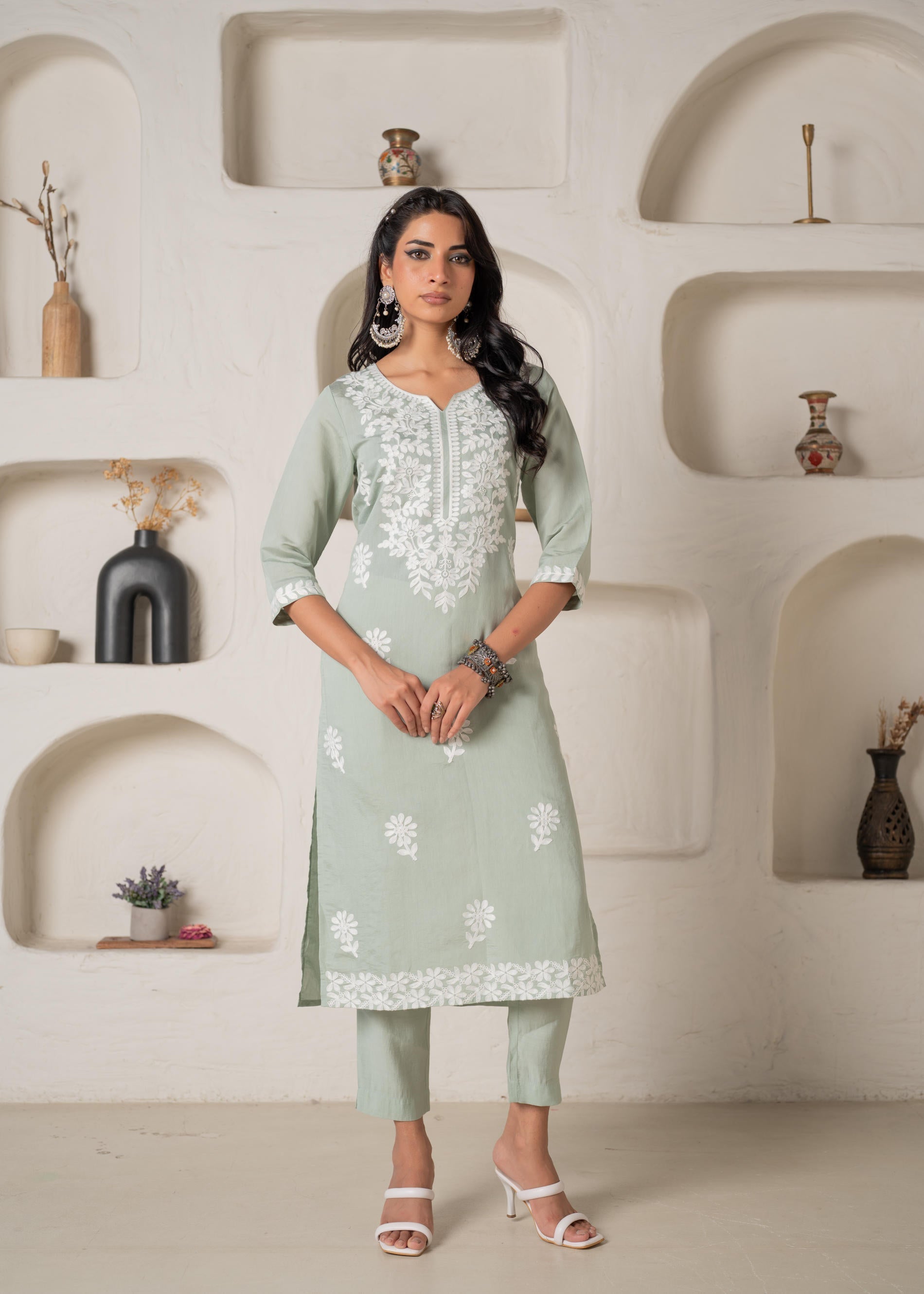 Mint Solid Embroidered Straight Kurta Pant Set with Thread Work | Desi