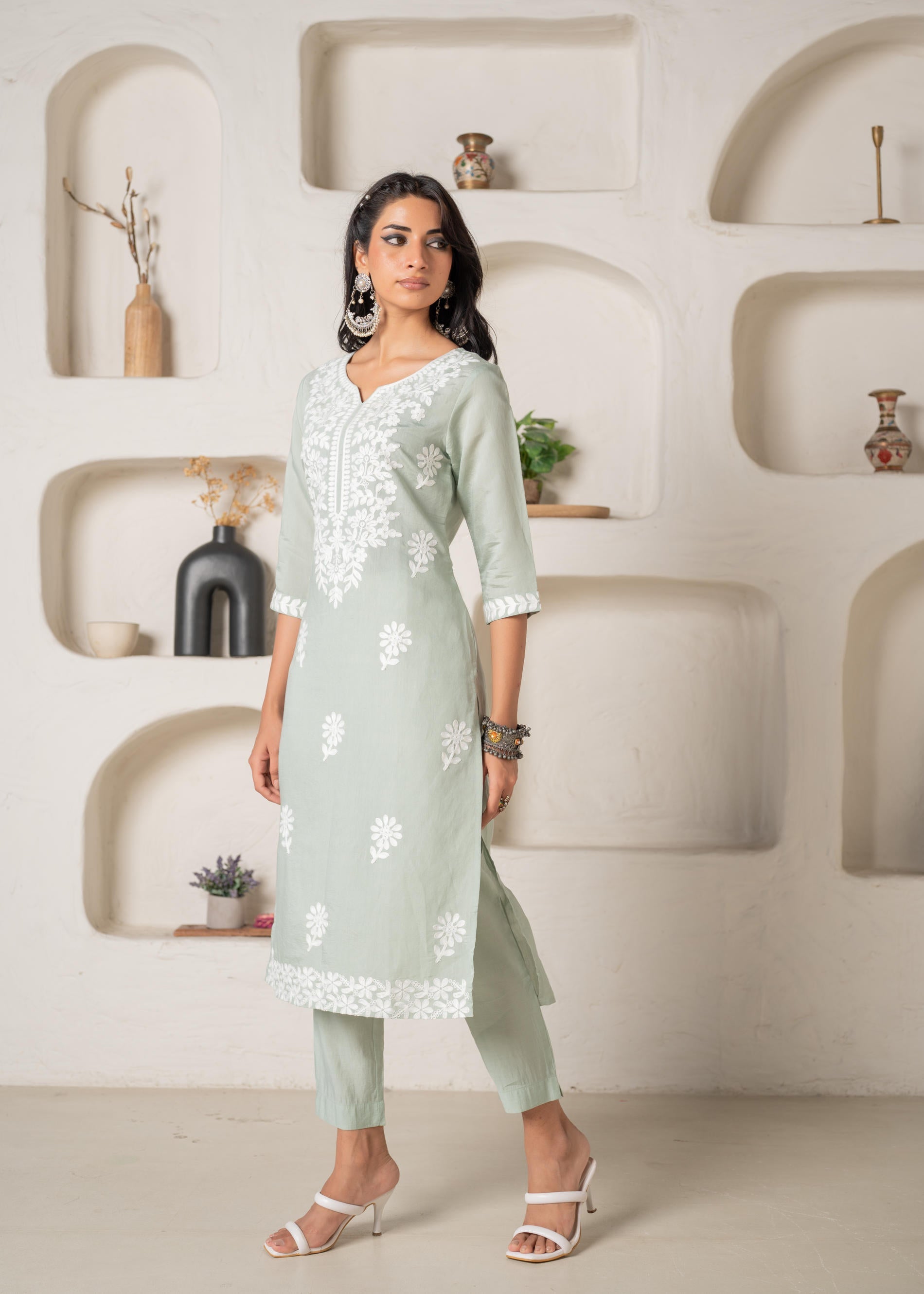 Mint Solid Embroidered Straight Kurta Pant Set with Thread Work | Desi