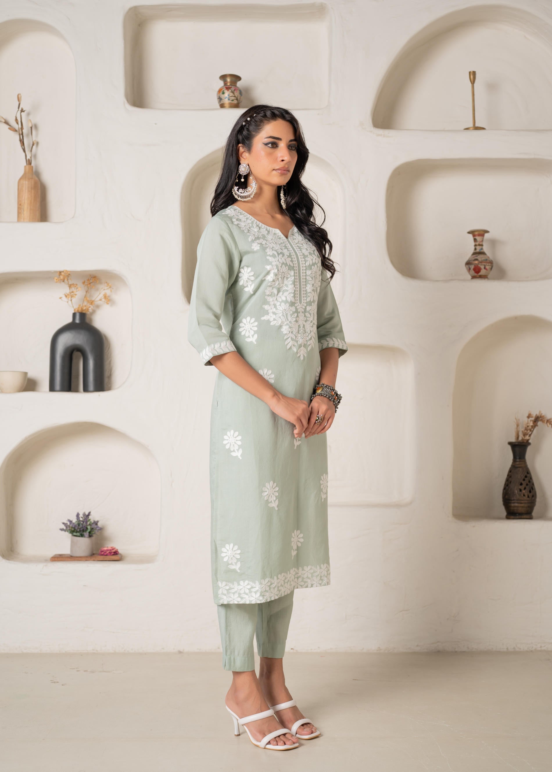 Mint Solid Embroidered Straight Kurta Pant Set with Thread Work | Desi