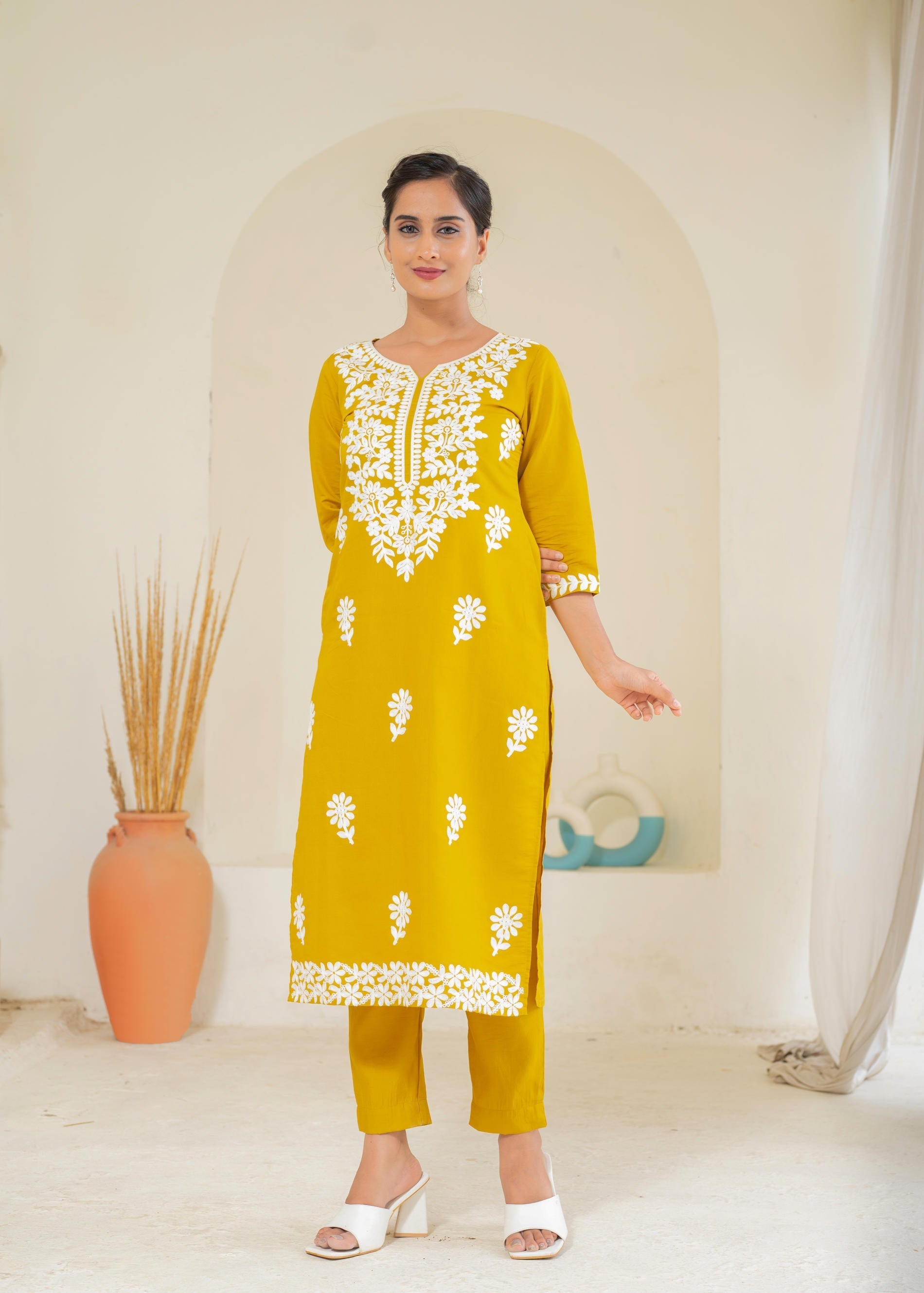 Mustard Solid Embroidered Straight Kurta Pant Set with Thread Work | D