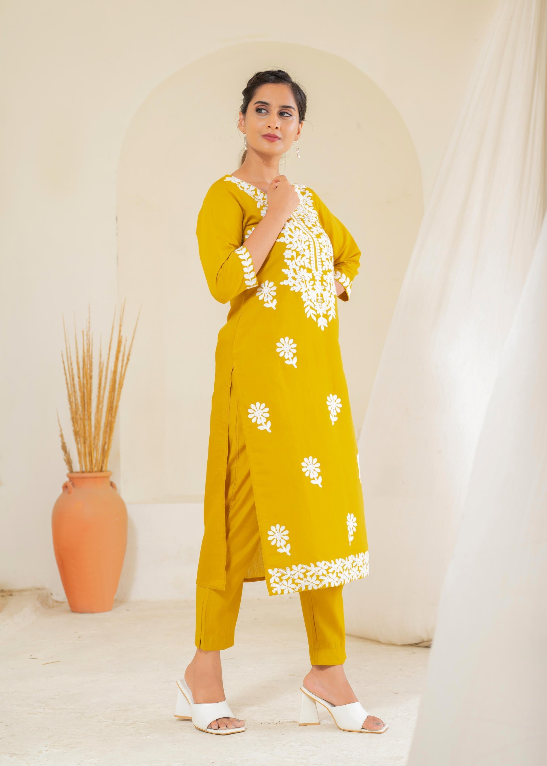 Mustard Solid Embroidered Straight Kurta Pant Set with Thread Work | D