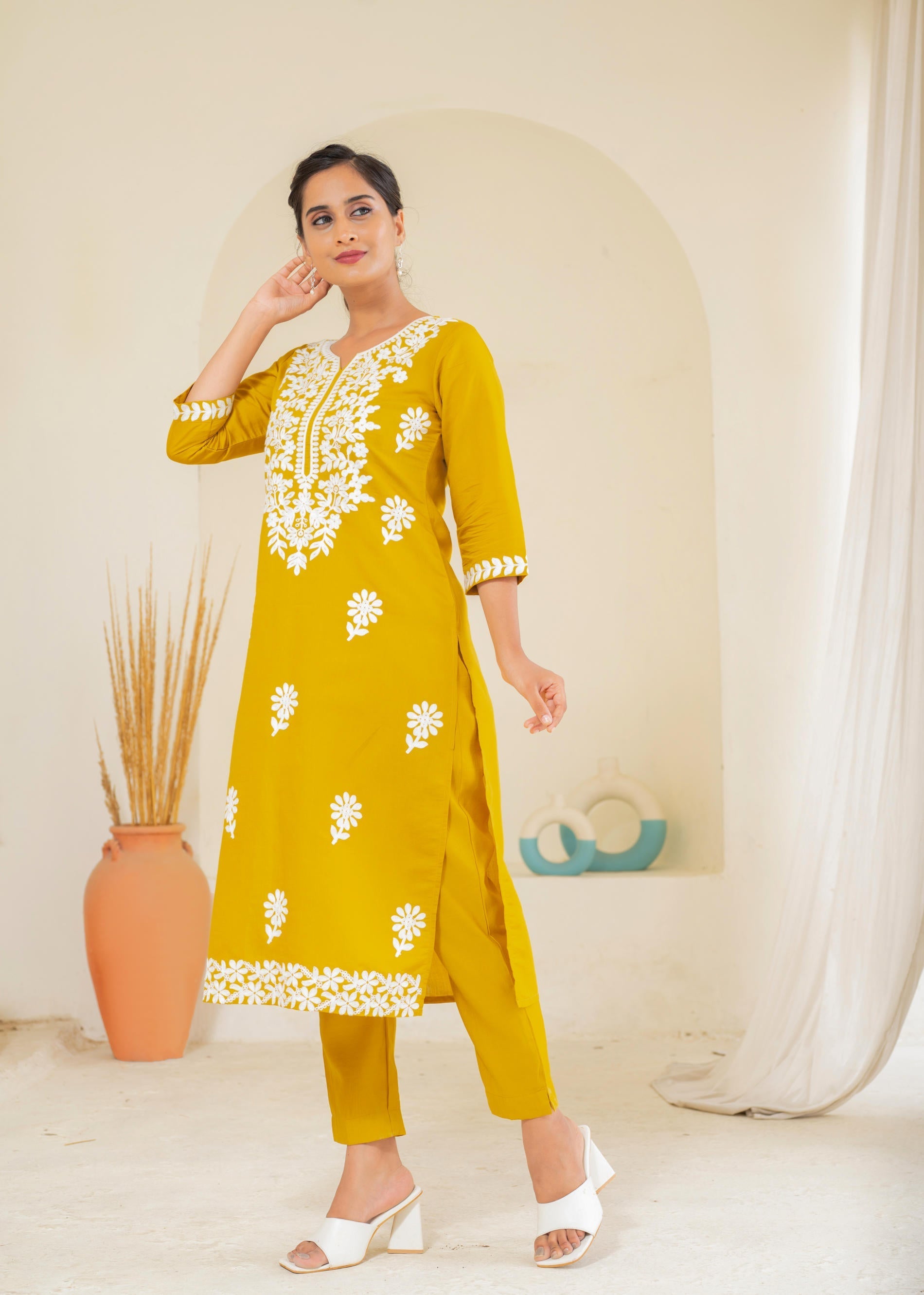 Mustard Solid Embroidered Straight Kurta Pant Set with Thread Work | D