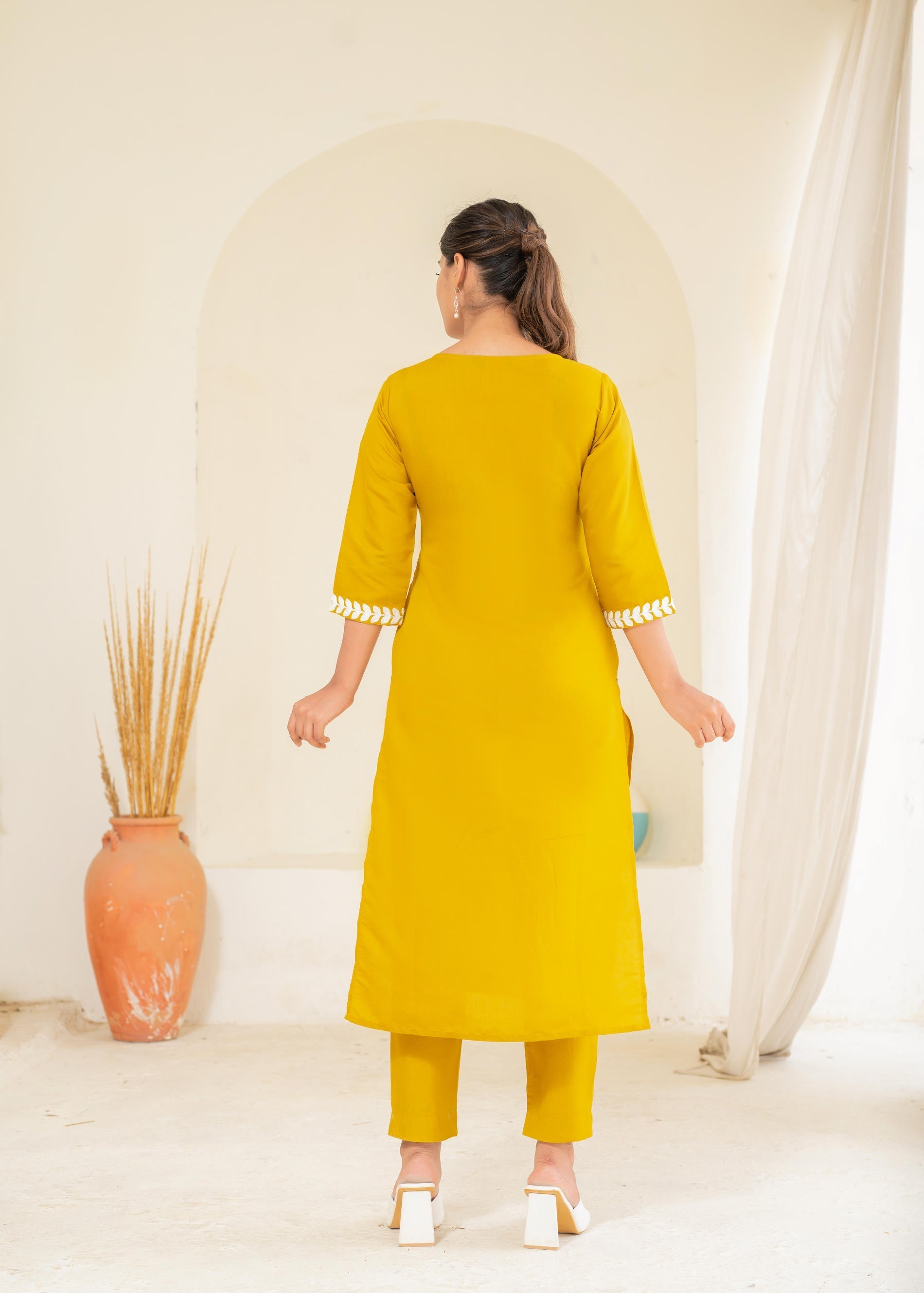 Mustard Solid Embroidered Straight Kurta Pant Set with Thread Work | D