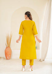 Mustard Solid Embroidered Straight Kurta Pant Set with Thread Work