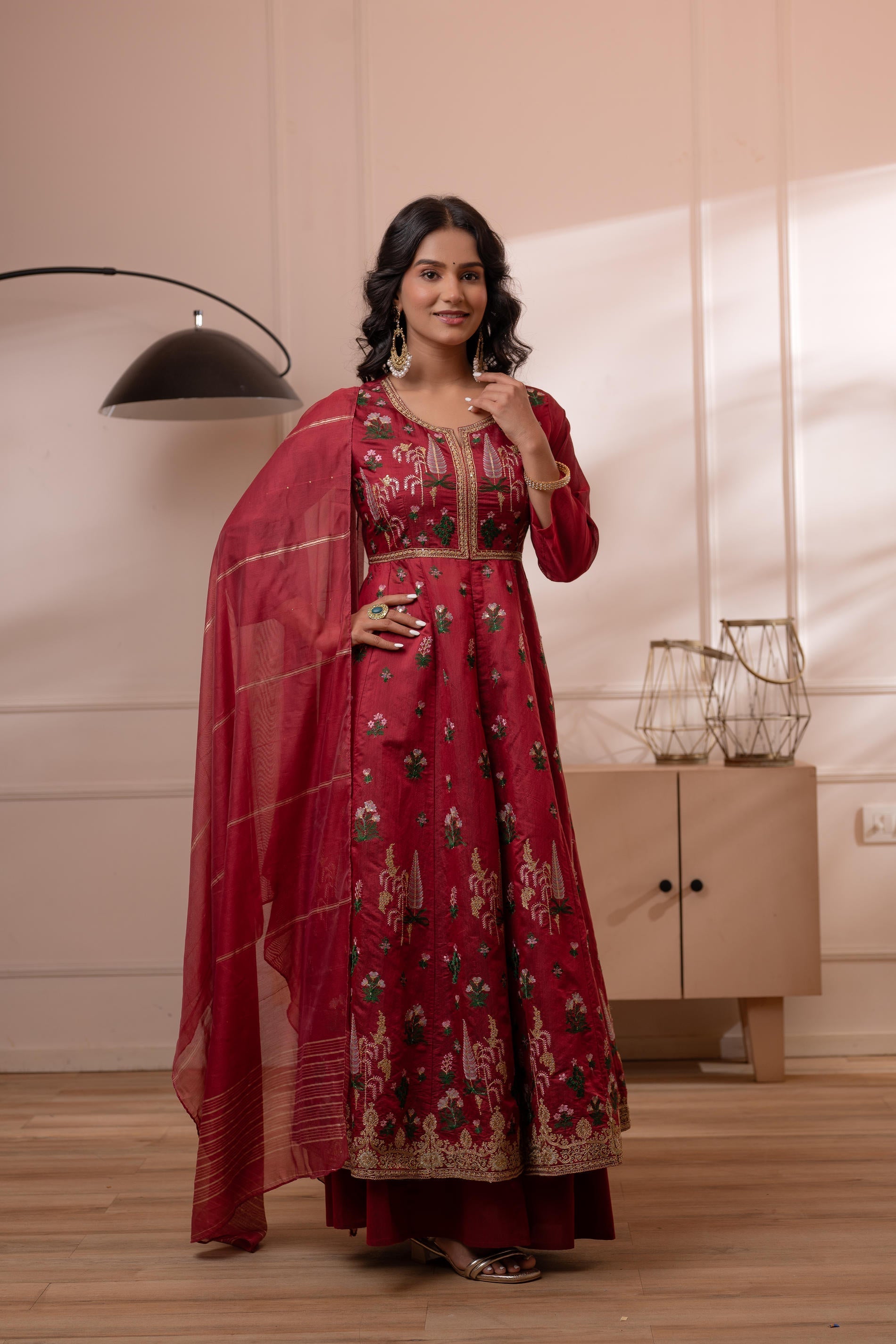 Embroidered Maroon Long Kurta And Skirt With Dupatta | DesiQlo
