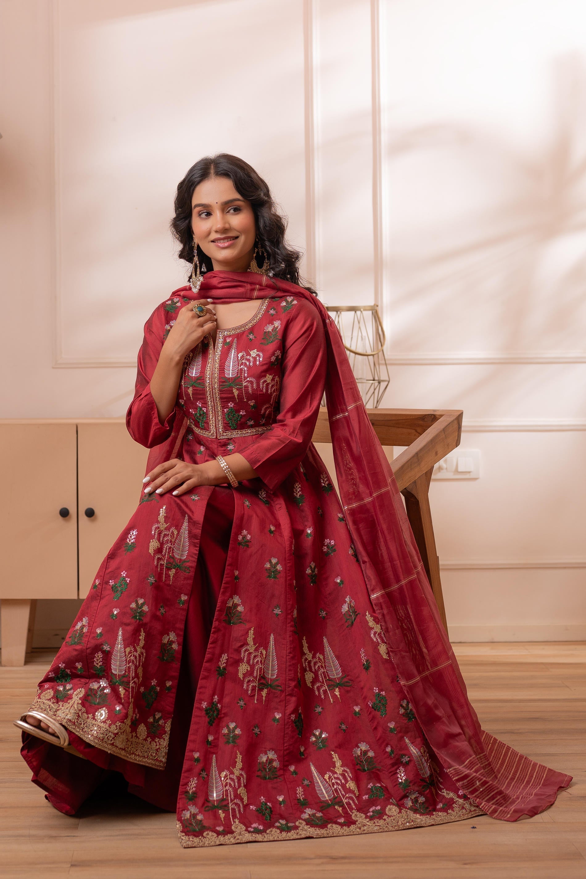 Embroidered Maroon Long Kurta And Skirt With Dupatta | DesiQlo