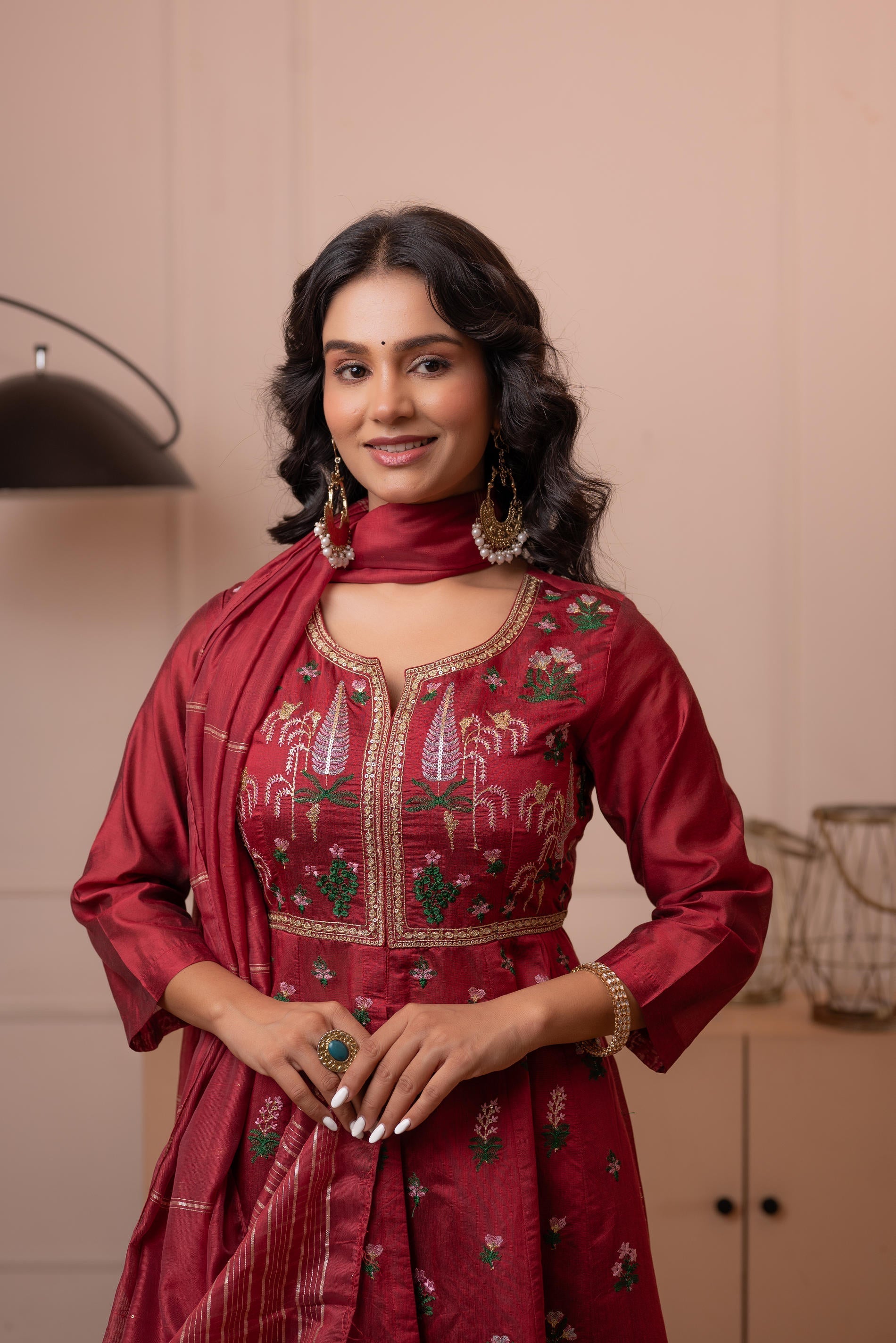 Embroidered Maroon Long Kurta And Skirt With Dupatta | DesiQlo