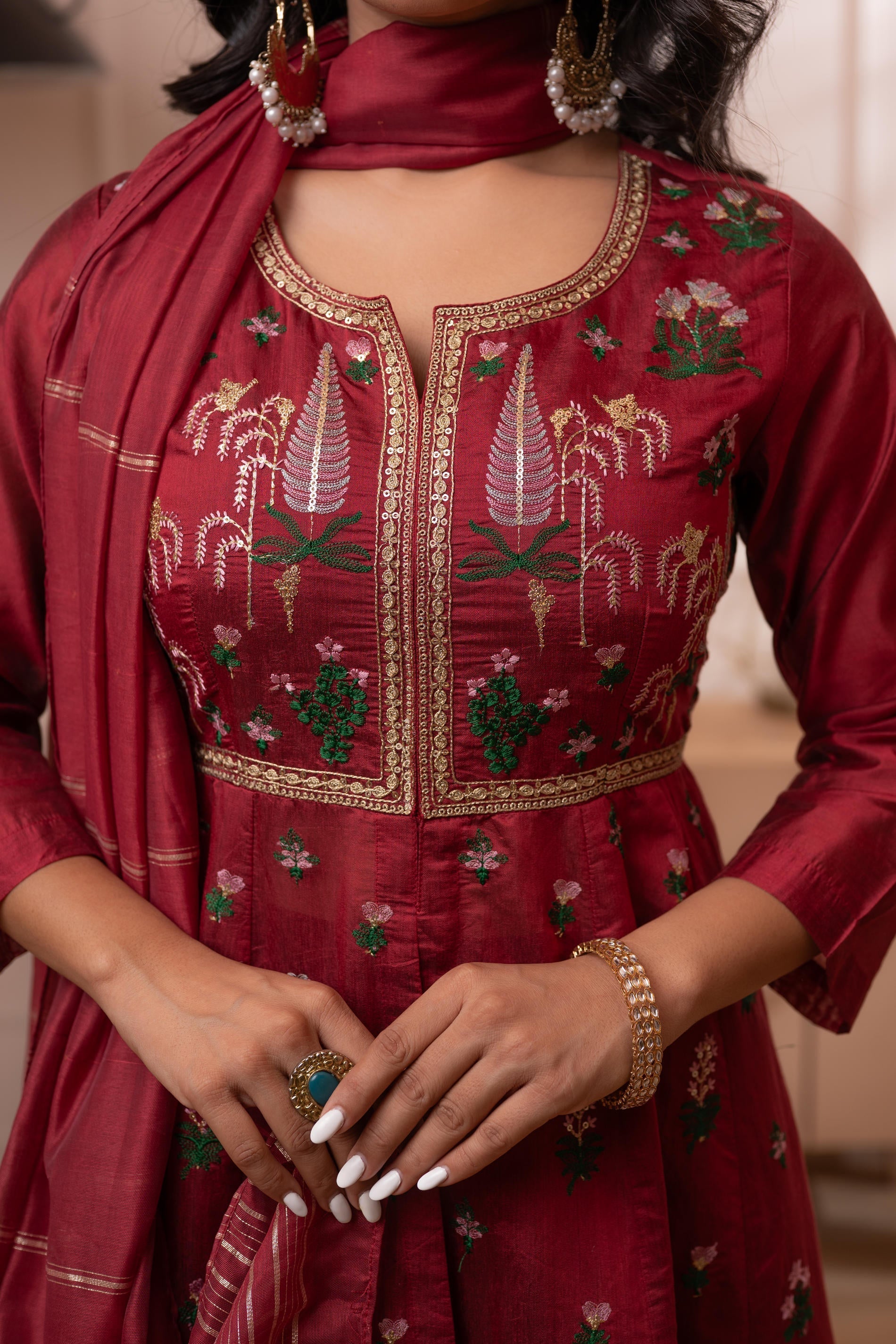 Embroidered Maroon Long Kurta And Skirt With Dupatta | DesiQlo