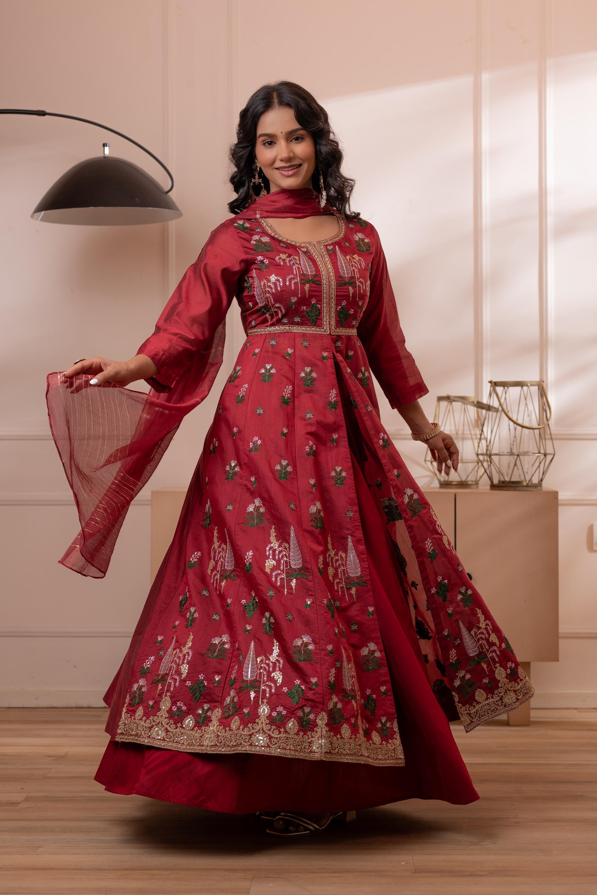 Embroidered Maroon Long Kurta And Skirt With Dupatta | DesiQlo