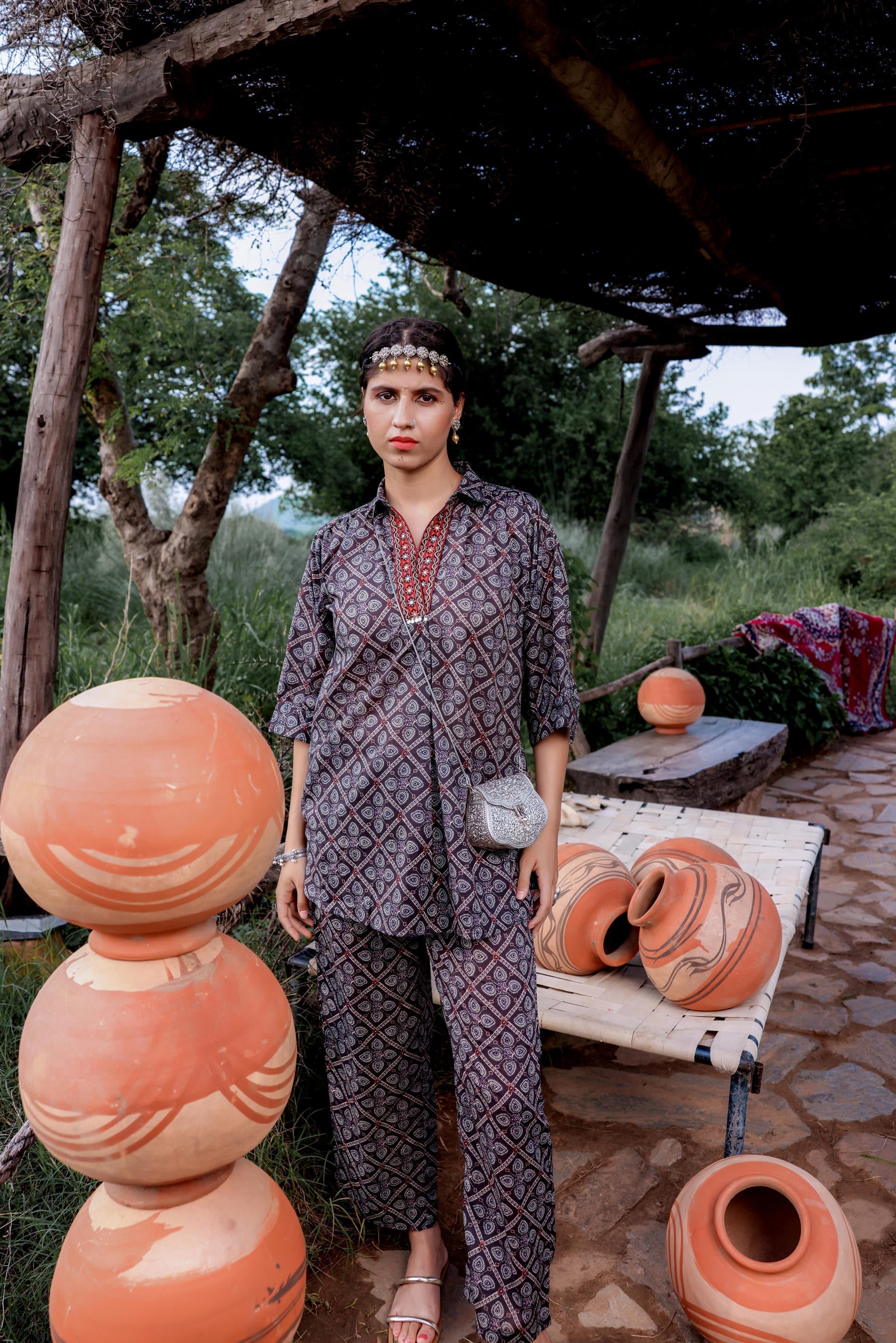 Black Floral Embroidered Co-ord Set with Tunic & Printed Pants | DesiQ