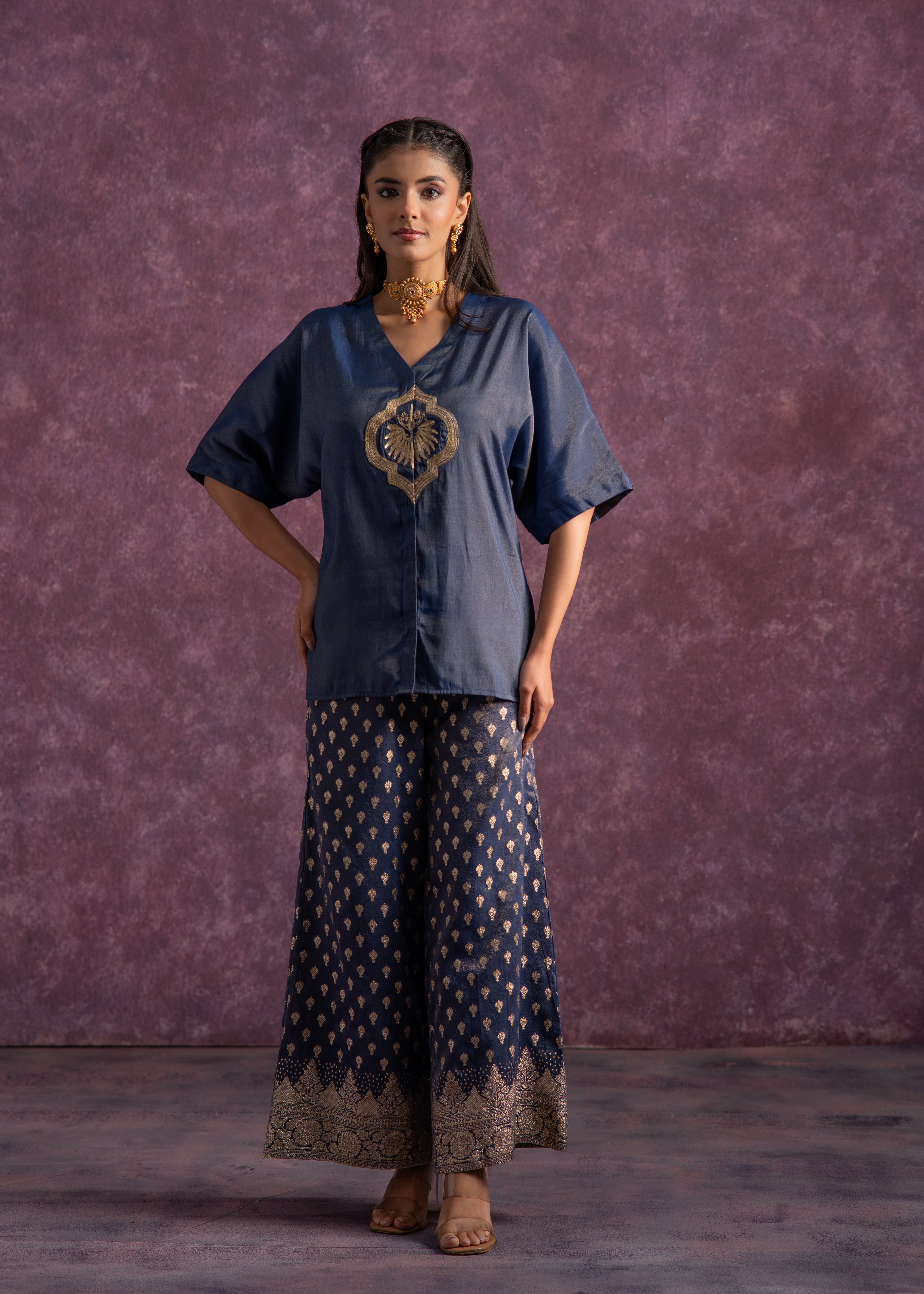 Indigo Viscose Solid A-Line Tunic With Pants Co-Ord Set With Zari & Se