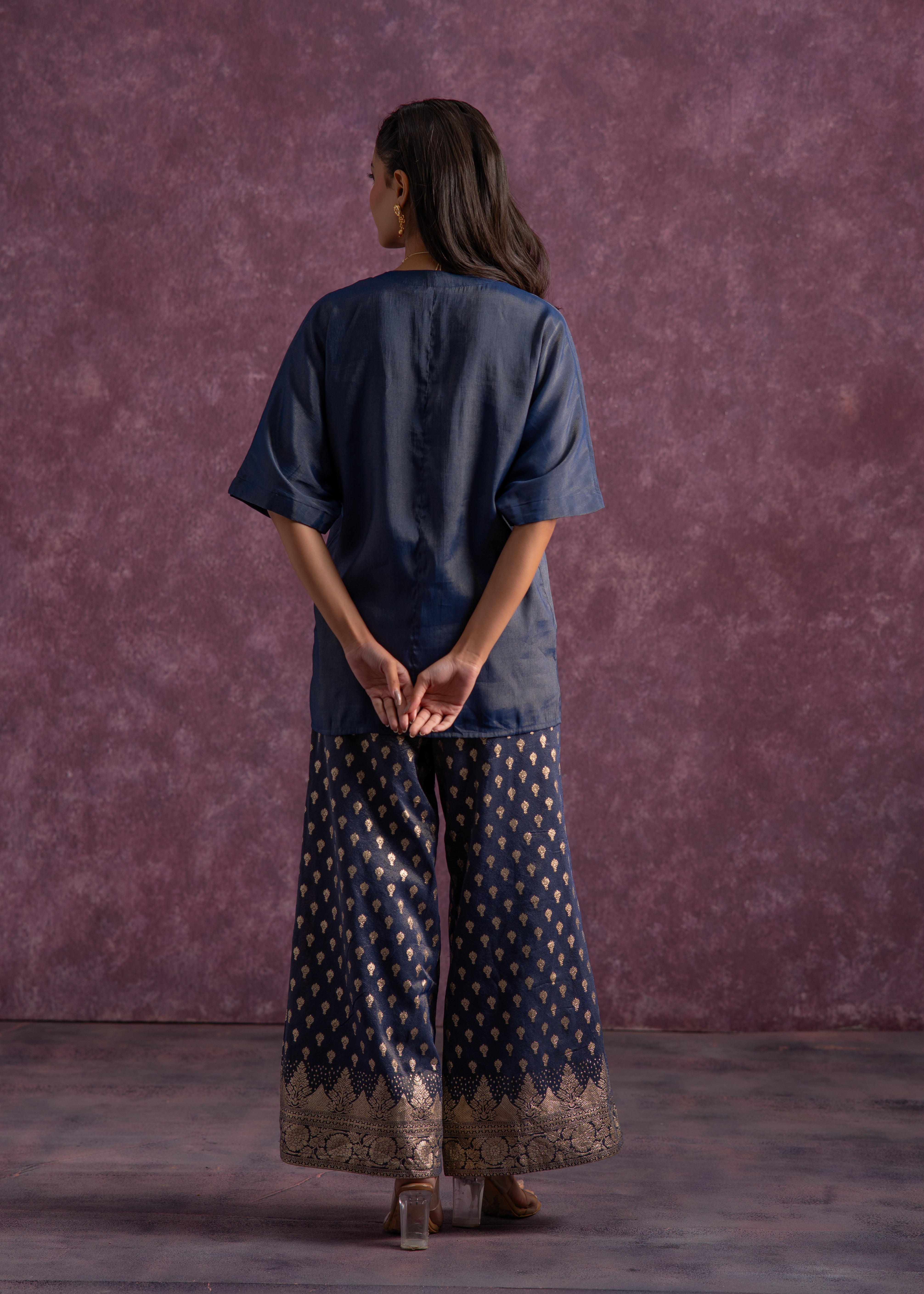 Indigo Viscose Solid A-Line Tunic With Pants Co-Ord Set With Zari & Se