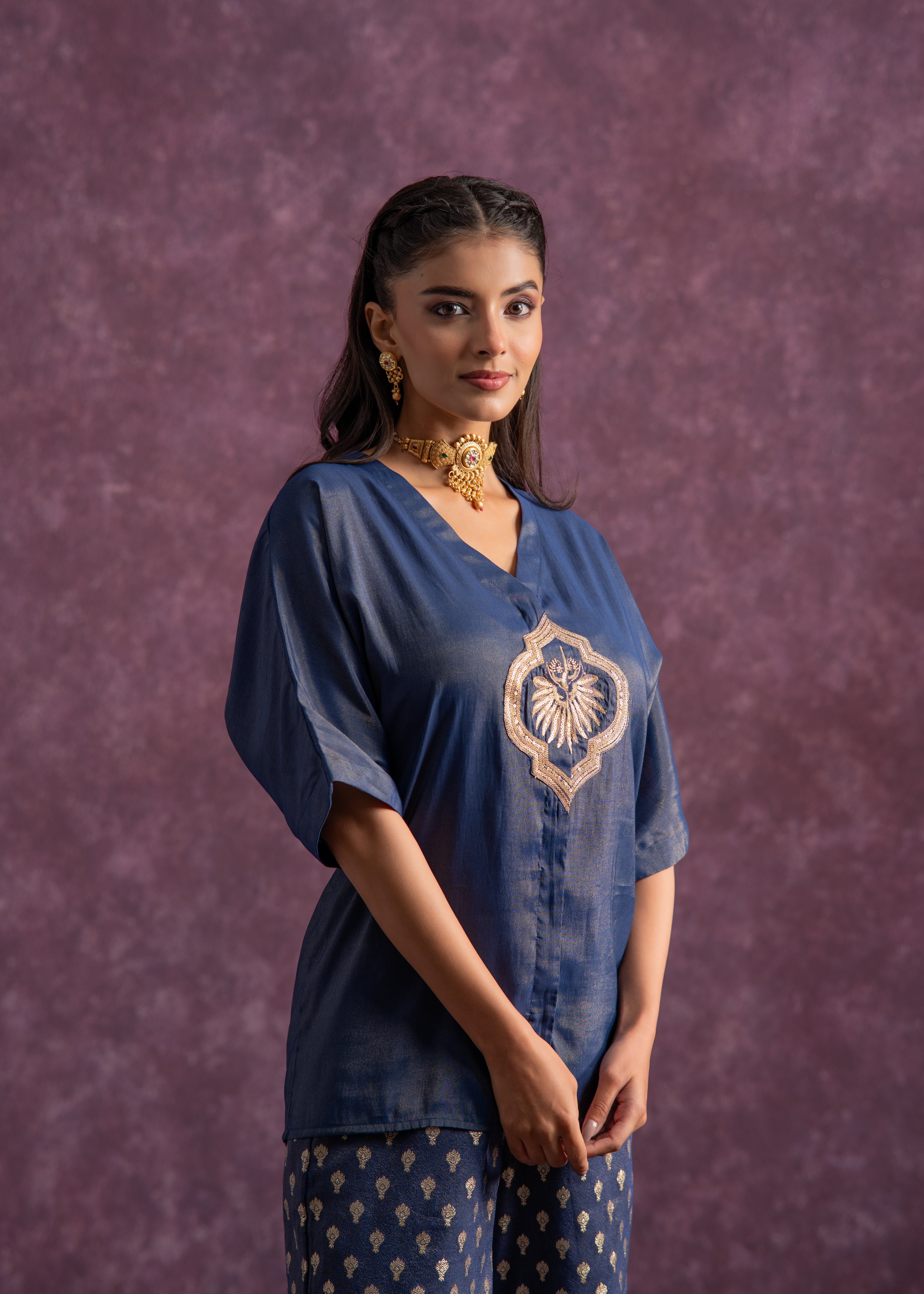 Indigo Viscose Solid A-Line Tunic With Pants Co-Ord Set With Zari & Se