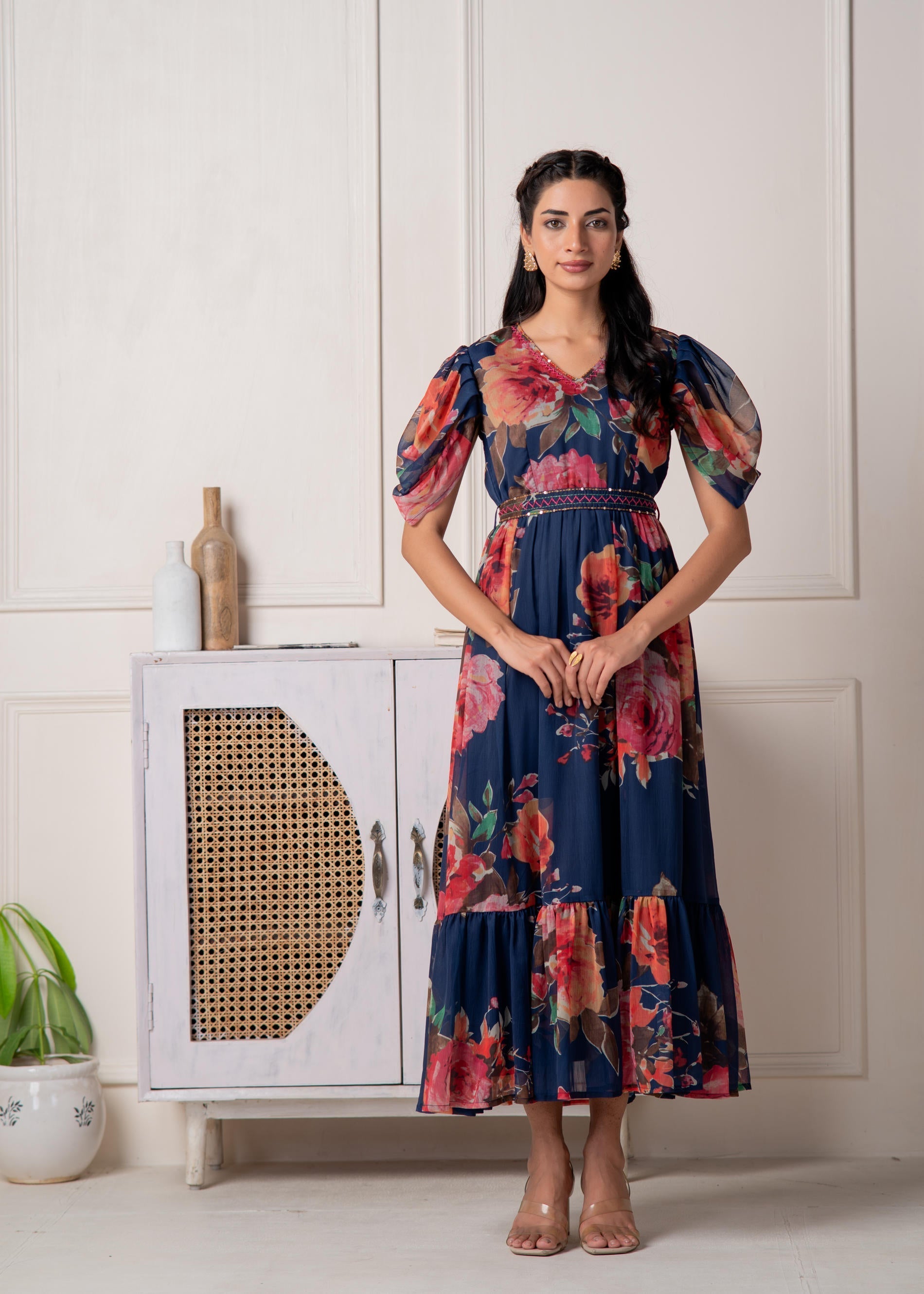 Navy Blue Floral Printed Fit & Flare Maxi Dress | DesiQlo