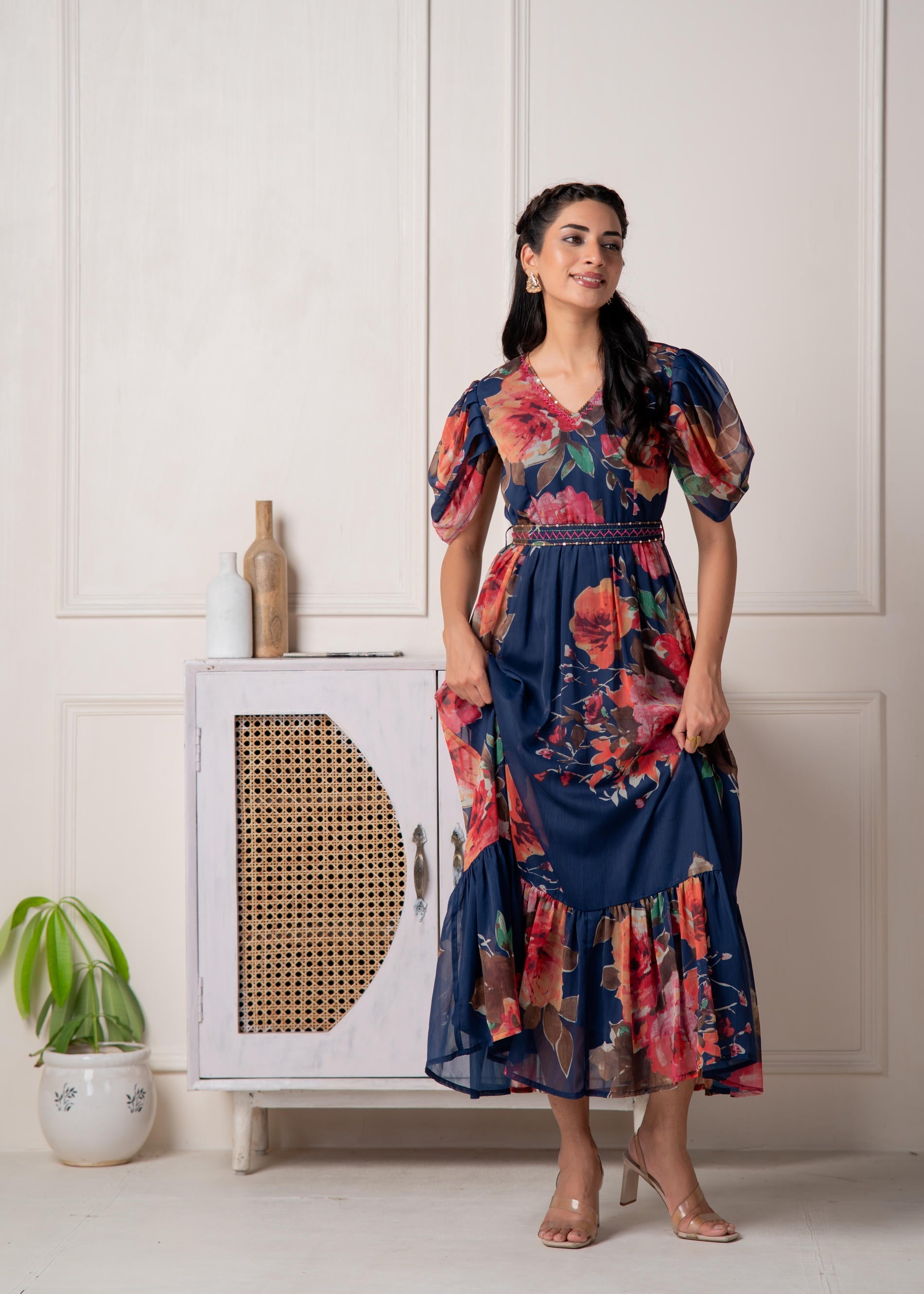 Navy Blue Floral Printed Fit & Flare Maxi Dress | DesiQlo