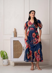Navy Blue Floral Printed Fit & Flare Maxi Dress